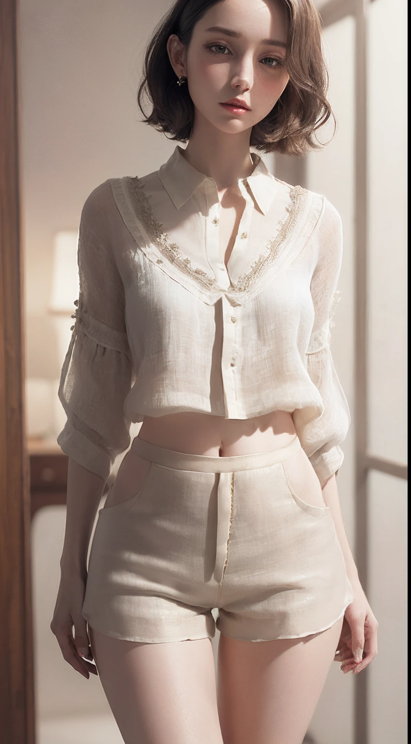 3d cgart, cgi, 1girl, pale skin, short wavy hair, delicate face, intricate details, ((linen blouse, satin shorts with side slits):1.2), (small waist, (wide thigh gap):1.2), ((wide legs):1.2), white background, masterpiece