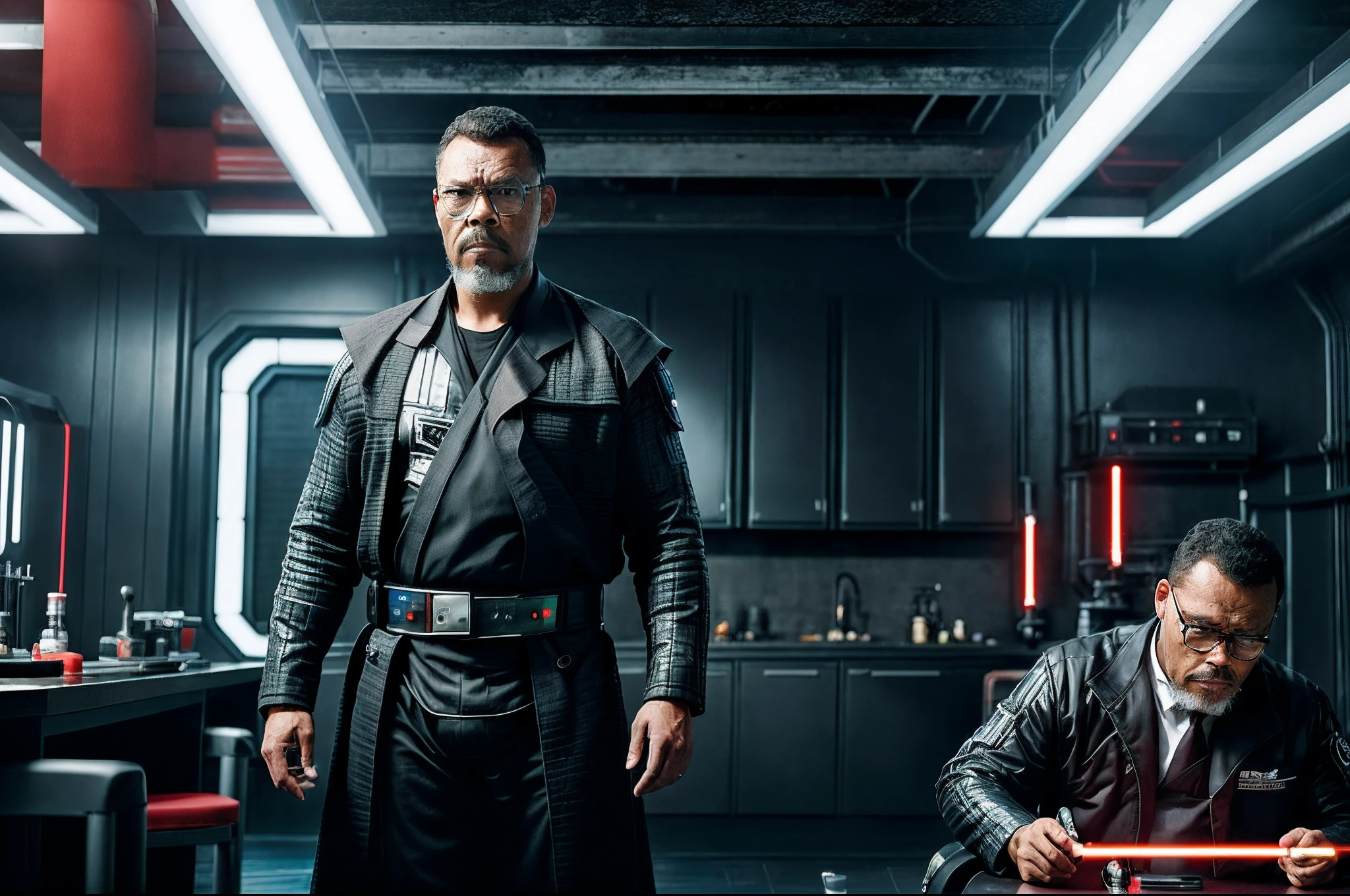 guttonervision14, Create an exceptionally detailed and realistic image of a man donned in Darth Vader's attire, excluding the helmet, and holding a menacing red lightsaber. The scene is set within a high-tech laboratory aboard a spaceship, amidst a technological warfare scenario. The focus should be primarily on the man, with the background intentionally blurred to emphasize his presence. The scene should be extraordinarily detailed, employing Octane render for lifelike textures and lighting. The resolution should be an impressive 8K, ensuring exceptional clarity and precision.