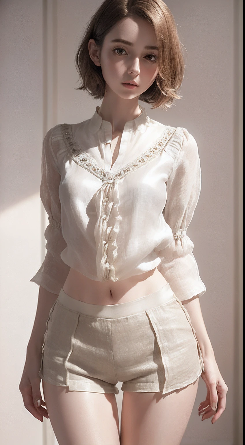 3d cgart, cgi, 1girl, pale skin, short wavy hair, delicate face, intricate details, ((linen blouse, satin shorts with side slits):1.2), (small waist, (wide thigh gap):1.2), ((wide legs):1.2), white background, masterpiece