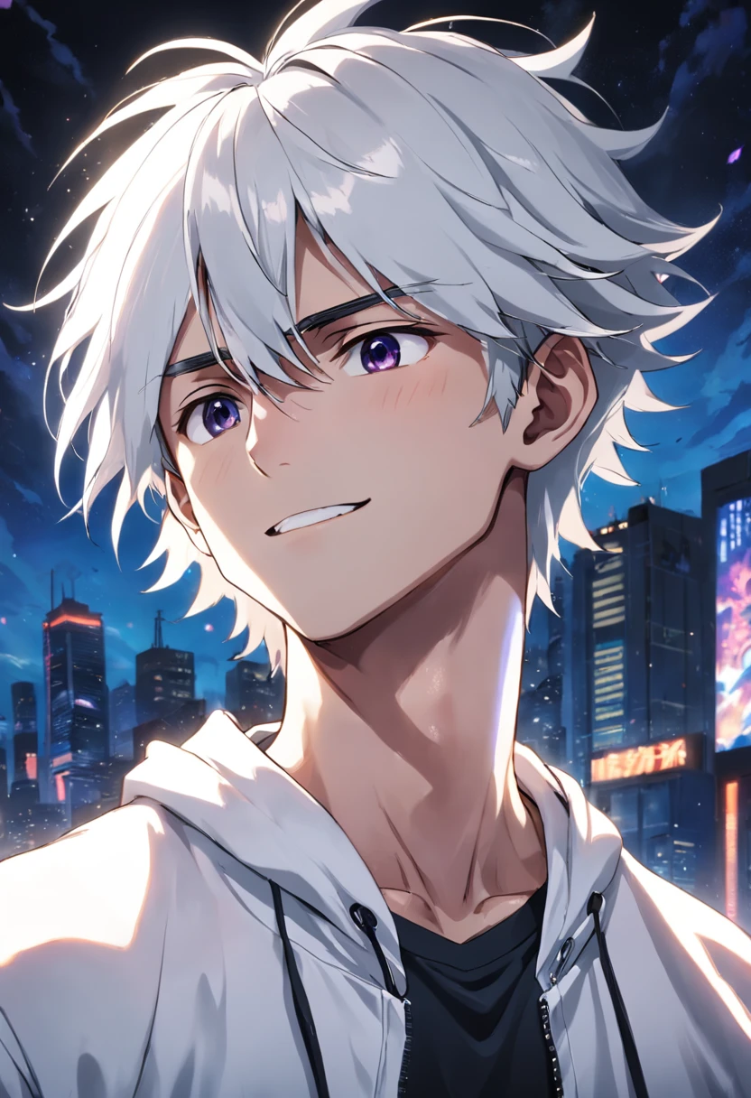 (young man with white silvery hair:1.2, white hoodie, black pants, big smile)