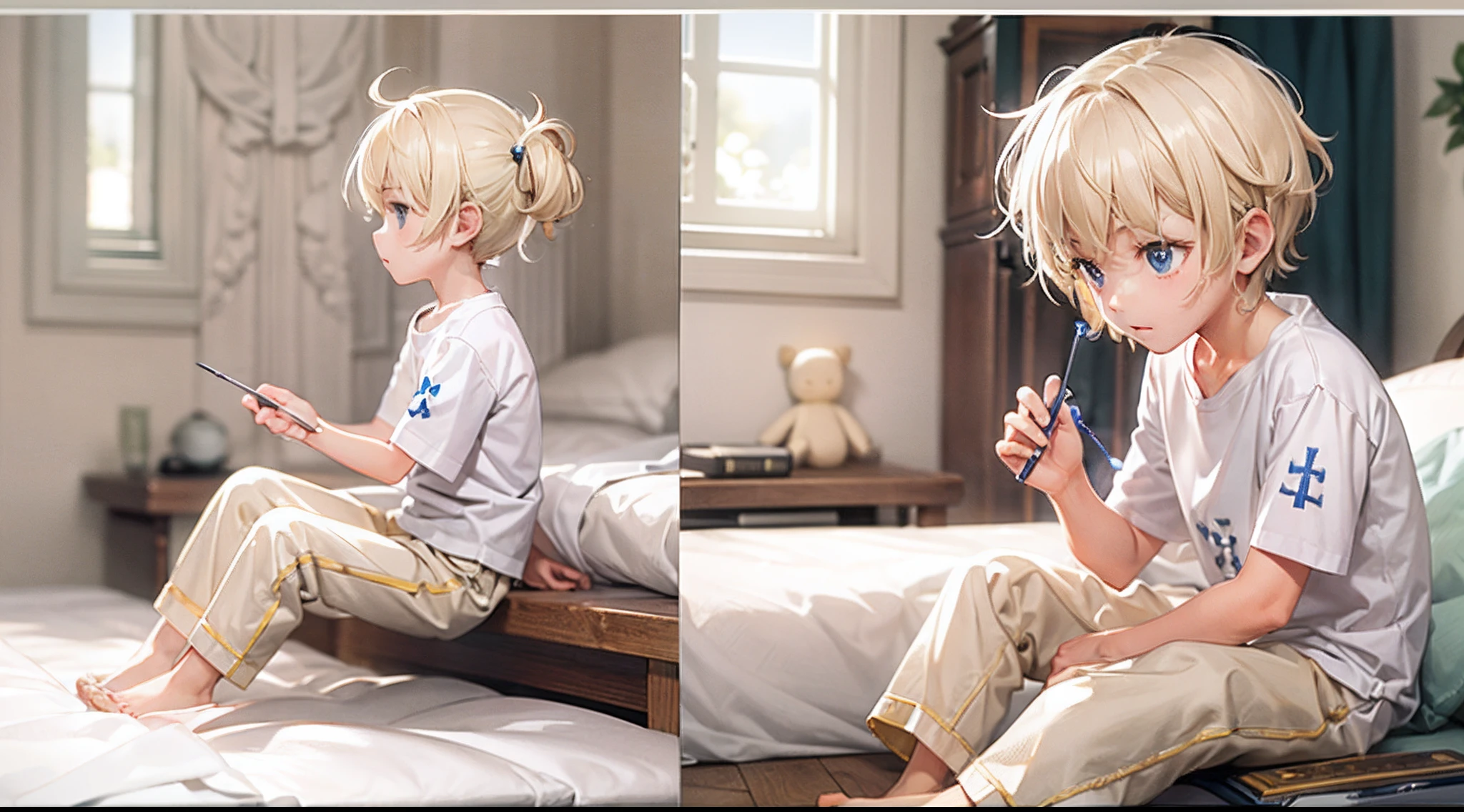 (tmasterpiece,Best picture quality)(Attention to detail,Show master level)A thin blonde boy sits cross-legged on the bed(独奏),Barefoot,short white pants,Cute dolls next to it,The walls of the room are white。