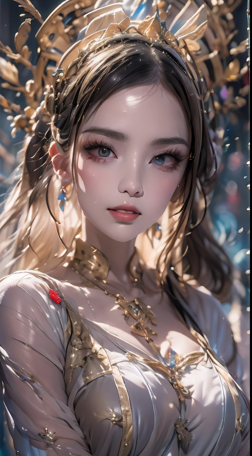 ​masterpiece、top-quality、surrealistic、
1 Women's Fine Art Painting、ice land、Medium close-up、
beatiful detailed eyes、face perfect、beautifull detailed face、Slouched、Pixie Cut
Amazingly sharp focus、ultra-detailliert、Soft skin、
Braided hair、O cabelo multicolorido、
blue eyes
nightgown、Nuisette、Wearing flower embroidery、
  lightsmile、particles floating、the golden hour、Elaborate backgrounds、The upper part of the body