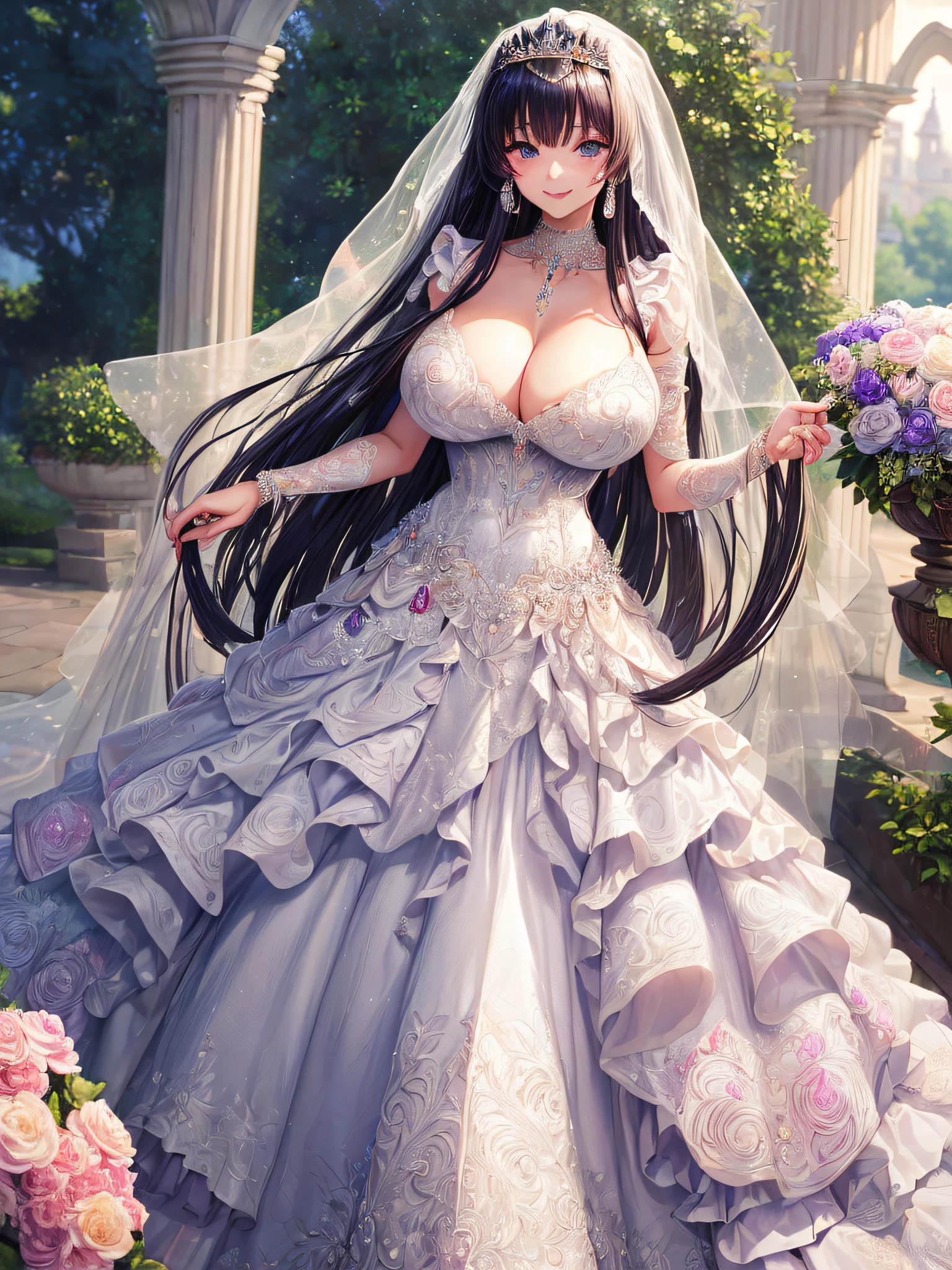 (masterpiece, best quality,moe anime art style:1.2),1girl, (solo), cute, kawaii,digital art,((1 fantasy princess wearing beautiful embroidery and jeweled gorgeous wedding dress with voluminous full length hoop skirt)),crinoline,((voluminous frills)),gorgeous embroidery and beautiful lace,(very gigantic boobs,cleavage,skindentation),((((shiny hair,voluminous absurdly straight hair,absurdly Long straight Hair)))),(finely detailed face and eye),smile,extremely gorgeousfull jeweled tiara,((bling-bling gorgeous gemstone jewelry)),long wedding veil,((standing in beautiful garden)),flowers,flower petals flowing,((beautiful embroidery and jeweled gorgeous wedding dress with voluminous full length hoop skirt))