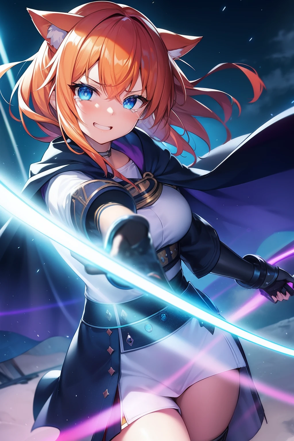 Rainbow Light, Cat's ears,Her hair is orange、Short hairstyle,A big rainbow shines behind you,Goggles shine on her head,Her skin is pale, A rainbow and a spiral of light enveloped me like a snake in an interstellar wind,She is a ninja Kuichi, holding samurai sword,dual-wielding,Unleash the Blade of Light,Breasts are a great cutting board,She laughs with tears in her eyes, She has a gun in the middle, Highest Quality, Carry a blue cloak with war maiden decorations,Raise the railgun, ((hatred))((saddened)), 8 Blue Light Gun,Blade of Light,Lens Flare, Big rainbow,The moon shines,Star chips, bloom, ((light glow)), chromatic abberation], Digital Painting, Insane details, Intricate details, Beautifully color graded, Unreal Engine, Cinematic , colour grading, Editorial Photography , Photography, Photo Shot, Shot on 70mm lens, depth of fields, degrees of freedom, Tilt Blur, Shutter Speed 1/1000, are small