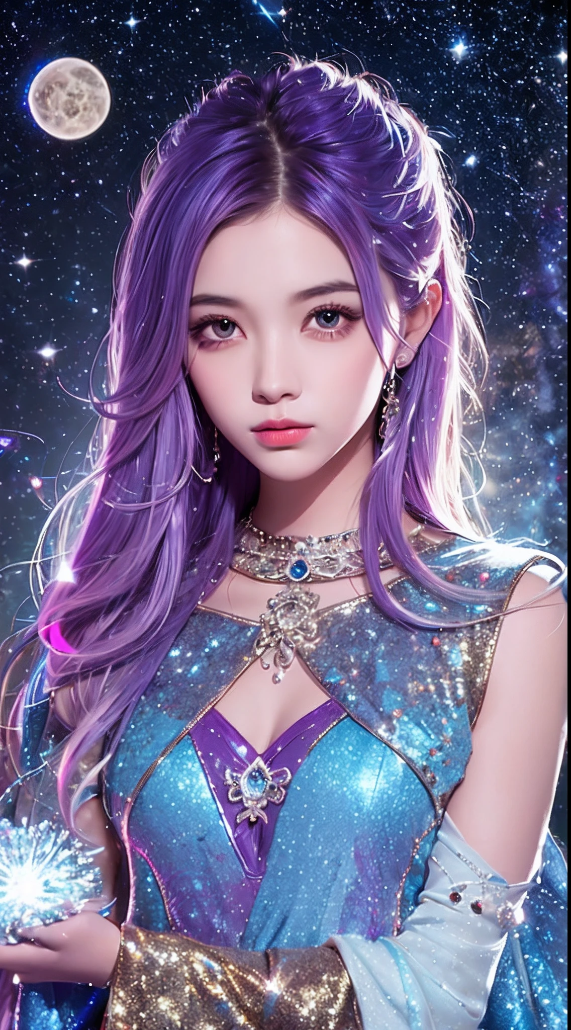 Background: Mysterious quantum environment, Cosmic elements and ethereal atmosphere，A mix of bright lights and colorful nebulae. Theme: A mysterious girl with a magical aura. She has long, Colorful wavy curls, The shiny hair stands out. His eyes are deep and expressive, Reflection Universe. She wore a flowing dress in purple and blue, With intricate details and mysterious textures. Color Palette: A combination of mysterious shades such as cosmic purple, Sky blue, Soft pink and a touch of gold. Create contrasts, Increase depth, Dark color, Such as dark purple or night blue. Aesthetics: The aesthetic combines elements of Mistycore, Known for its mysterious and ethereal atmosphere, and crystal cores, With its crystal clarity and sparkling details. The girl exudes magical energy，Her presence hangs over her，mesmerising. Covered with: Keep subtle glowing effects and glitter overlays around the girl, Covered with: Add a soft glow effect around the girl and crystal, It seems to exude magic. Also, Add small details of flash，Enhance the ethereal atmosphere.