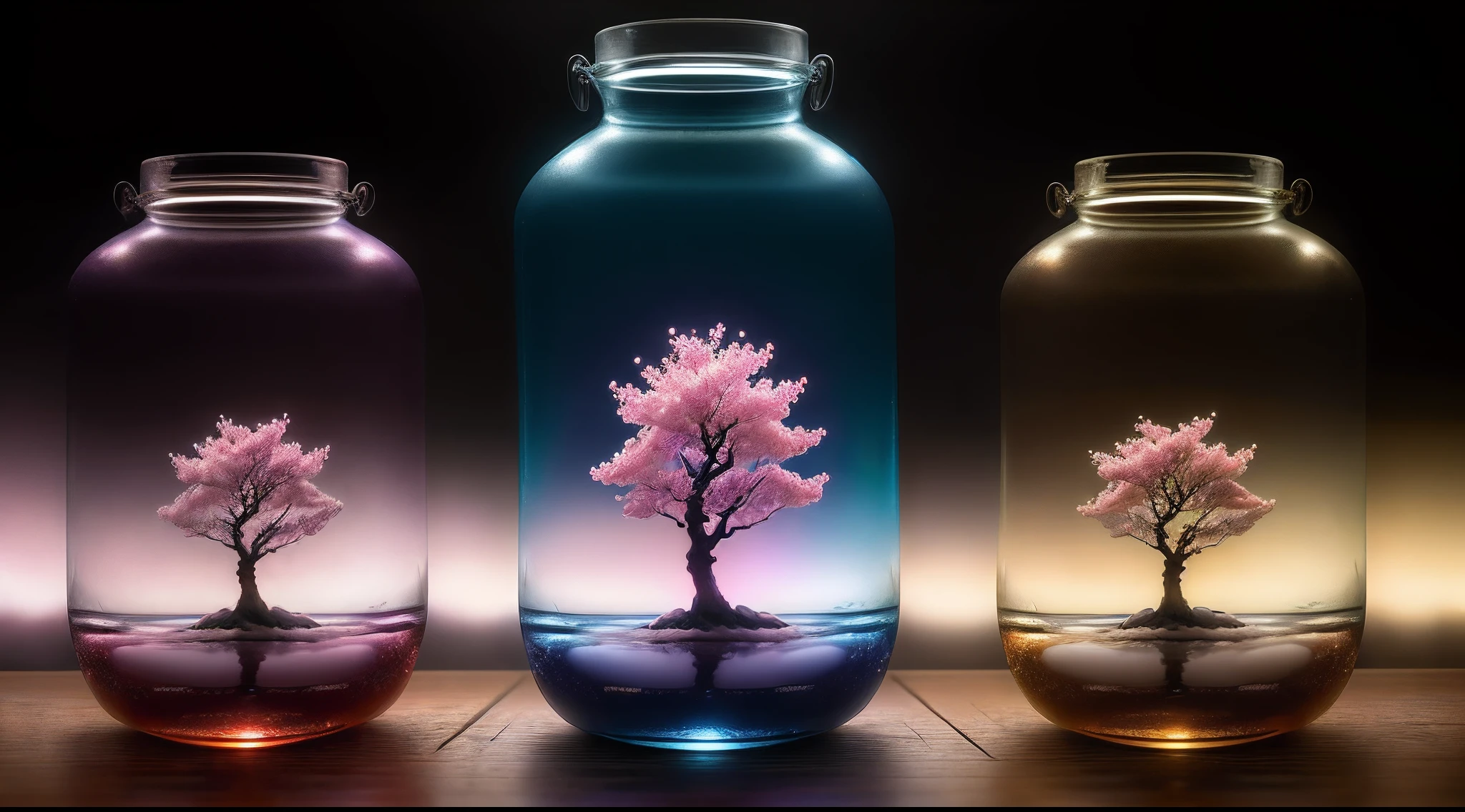 sakura tree in a bottle, fluffy, realistic, atmospheric light refraction, by lee jeffries nikon d850 film stock photograph 4 kodak portra 400 camera f1.6 lens rich colors hyper realistic lifelike texture dramatic lighting unreal engine trending on artstation cinestill 800, Style-Glass