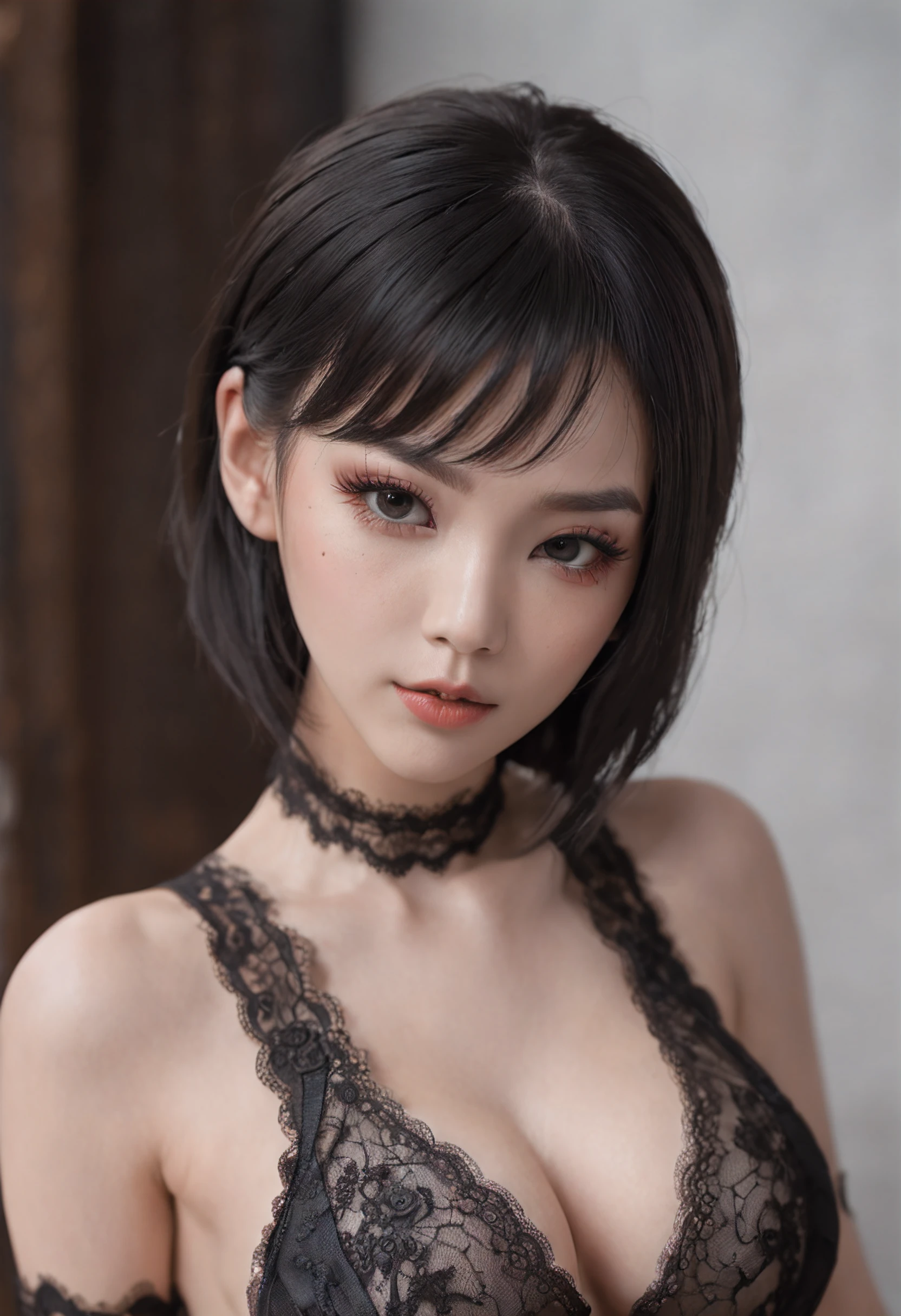 black hair color, short hair style, black eyeliner, brown eye color, nose piercing, black lace underwear, black color lace embroidered and detailed garter, thick sexy leg, big breast, sexy face, 8k detail, ultra high definition, 8k, hyper realistic, makeup perfect, ultra detailed scenery, beautiful asian girl, asian, gothic style, black lipstick, gothic girl, full body