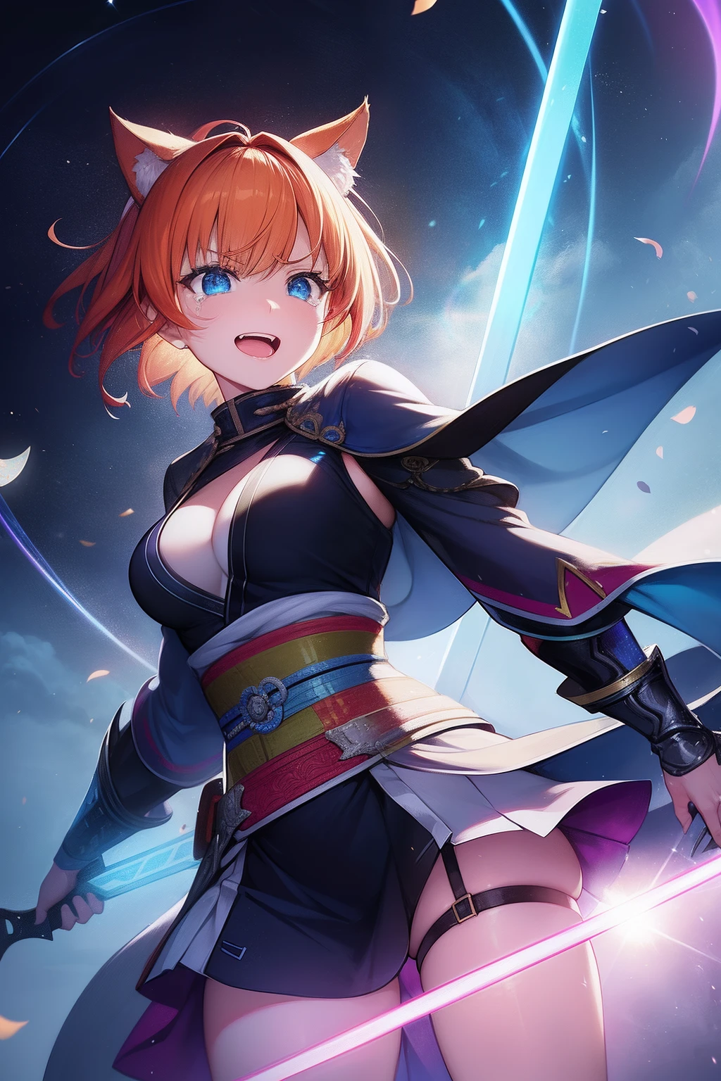 Big rainbow,Cat's ears,Her hair is orange、Short hairstyle,A big rainbow shines behind you,Goggles shine on her head,Her skin is pale, A rainbow and a spiral of light enveloped me like a snake in an interstellar wind,She is a ninja Kuichi, holding samurai sword,dual-wielding,Unleash the Blade of Light,Breasts are a great cutting board,She laughs with tears in her eyes, She has a gun in the middle, Highest Quality, Carry a blue cloak with war maiden decorations,Raise the railgun, ((hatred))((saddened)), 8 Blue Light Sword,Blade of Light,Lens Flare, Big rainbow,The moon shines,Star chips, bloom, ((light glow)), chromatic abberation], Digital Painting, Insane details, Intricate details, Beautifully color graded, Unreal Engine, Cinematic , colour grading, Editorial Photography , Photography, Photo Shot, Shot on 70mm lens, depth of fields, degrees of freedom, Tilt Blur, Shutter Speed 1/1000, are small