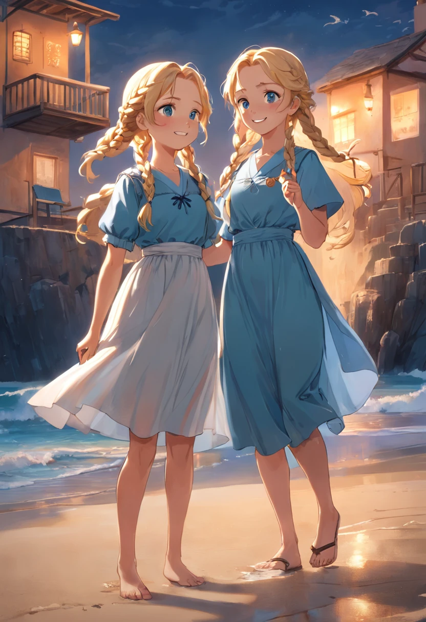 Por favor, Create an image that depicts a magical scene in a small seaside town. Na cena, there are two inseparable friends named Sofia and Clara. Sofia is a smart girl with blonde braids and wears a beautiful blue dress that stands out in the sea breeze. She's smiling with an expression of joy as she lovingly holds an old map in her hands. Clara, por outro lado, is a determined girl with glasses that enhance her curiosity. She's by Sophie's side, olhando atentamente para o mapa. The two girls are standing on the beach, with their feet sunk in the golden sand and the blue sea glowing softly in the background. The sun is setting on the horizon, Painting the sky with shades of orange and pink, creating a calm and magical atmosphere that envelops the entire scenery