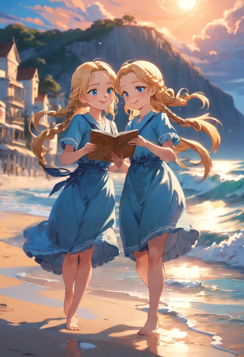 Por favor, Create an image that depicts a magical scene in a small seaside town. Na cena, there are two inseparable friends named Sofia and Clara. Sofia is a smart girl with blonde braids and wears a beautiful blue dress that stands out in the sea breeze. She's smiling with an expression of joy as she lovingly holds an old map in her hands. Clara, por outro lado, is a determined girl with glasses that enhance her curiosity. She's by Sophie's side, olhando atentamente para o mapa. The two girls are standing on the beach, with their feet sunk in the golden sand and the blue sea glowing softly in the background. The sun is setting on the horizon, Painting the sky with shades of orange and pink, creating a calm and magical atmosphere that envelops the entire scenery