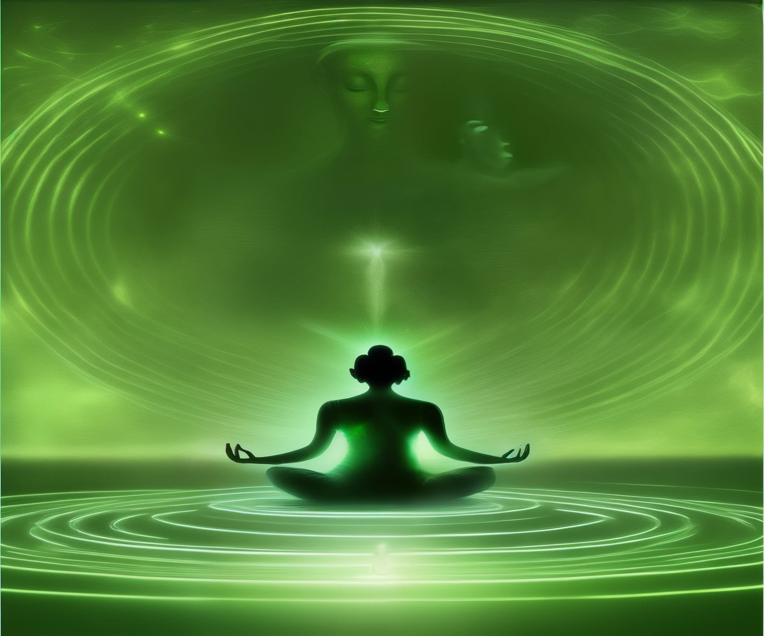 a woman sitting in a lotus position in a green light, green aura, kundalini energy, elven spirit meditating in space, mobile wallpaper, radiating a glowing aura, meditation, emanating and flowing energy, meditating, spiritual enlightenment, astral travel, meditating pose, hindu stages of meditation, healing energy, figure meditating close shot, zen meditation