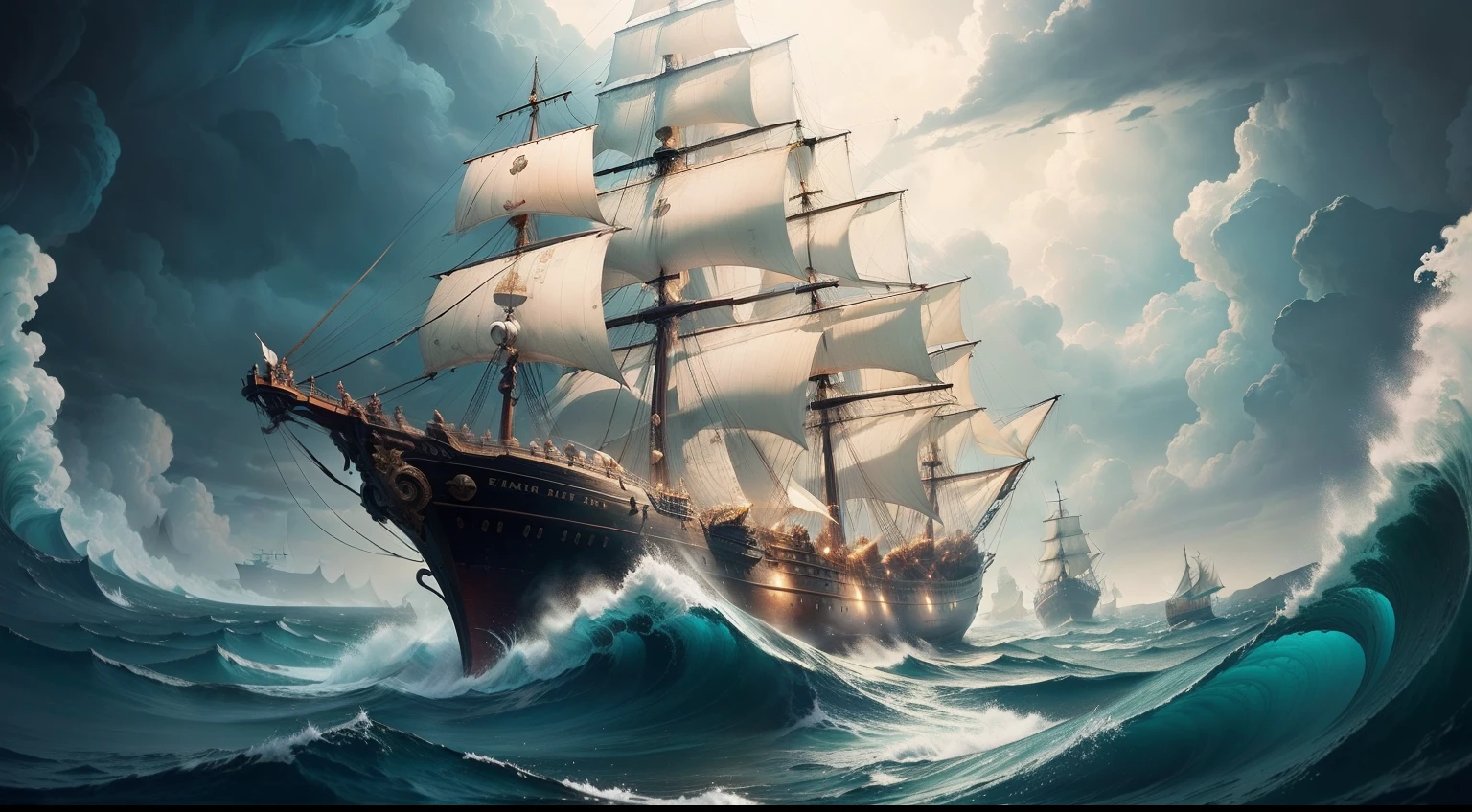A majestic ship sails through a stormy sea, its crew of Argonauts struggling against the monstrous mermaids song.