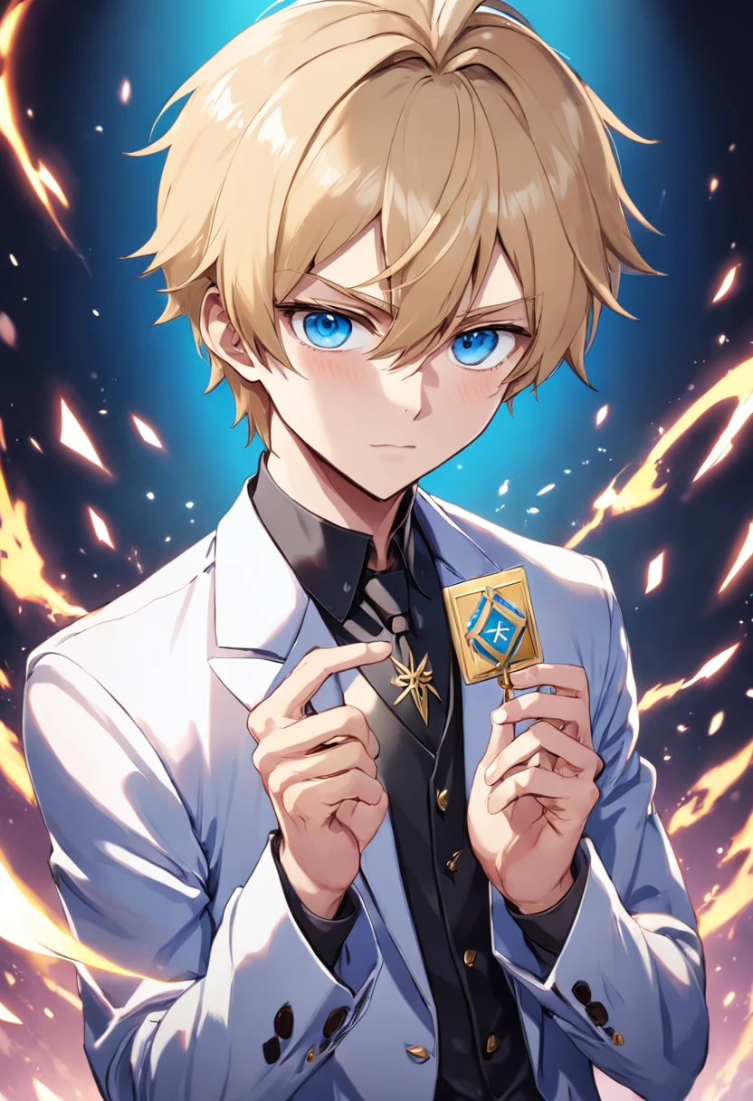 anime guy in a suit holding a small badge with a big letter v on it in his hand, tall anime guy with blue eyes, handsome anime pose, portrait of magical blond prince, beautiful androgynous prince, high quality fanart, key anime art, delicate androgynous prince, anime handsome man, handsome guy in demon slayer art, male anime character, okita sougo, anime boy
