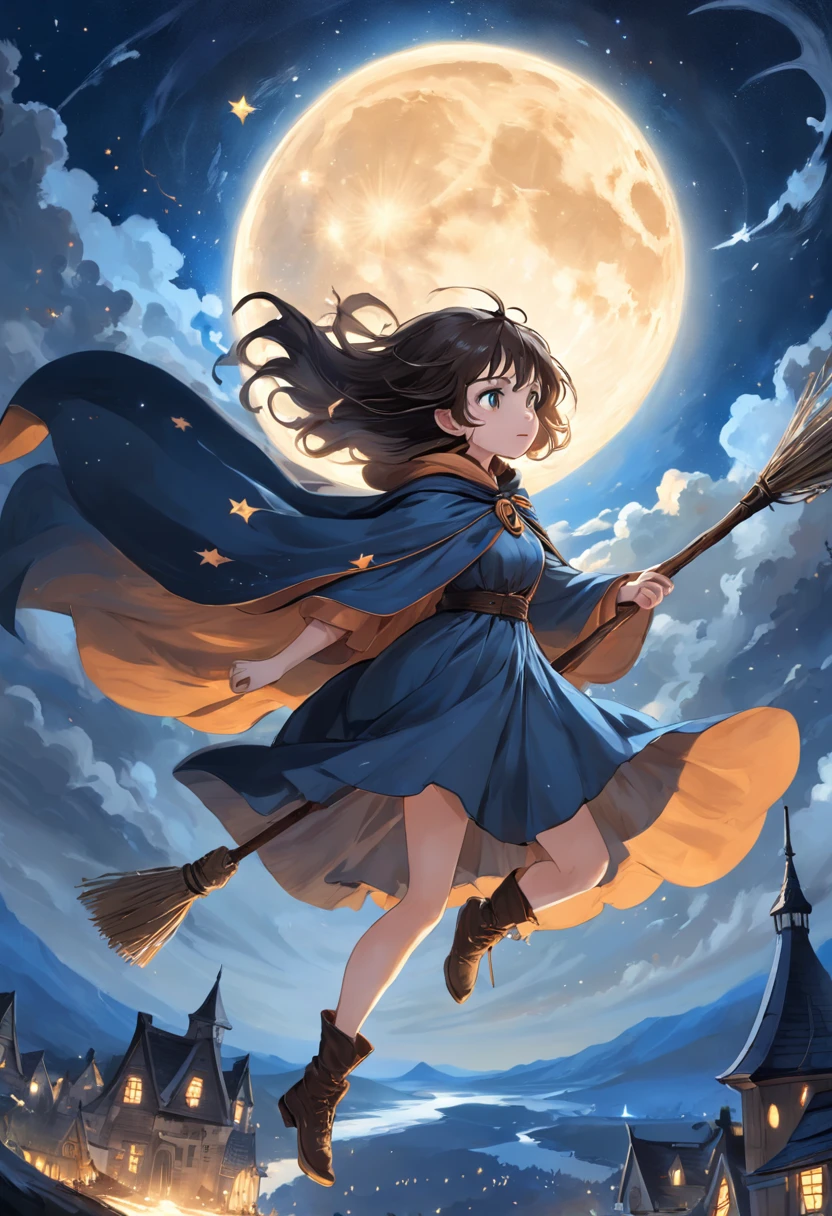 masterpiece, best quality, ultra-detailed, illustration, 1girl, solo, fantasy, flying, broom, night sky, outdoors, magic, spells, moon, stars, clouds, wind, hair, cape, hat, boots, broomstick, glowing, mysterious, enchanting, whimsical, playful, adventurous, freedom, wonder, imagination, determination, skill, speed, movement, energy, realism, naturalistic, figurative, representational, beauty, fantasy culture, mythology, fairy tales, folklore, legends, witches, wizards, magical creatures, fantasy worlds, composition, scale, foreground, middle ground, background, perspective, light, color, texture, detail, beauty, wonder.