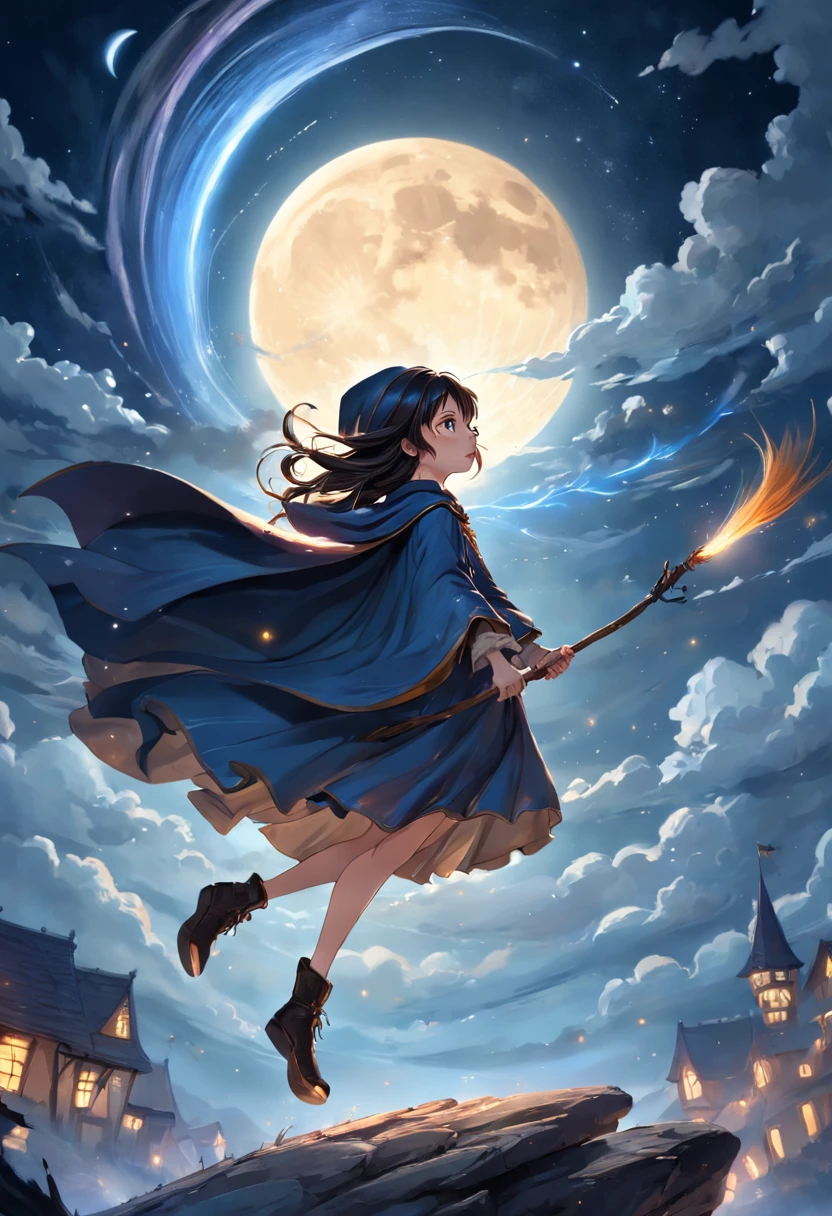 masterpiece, best quality, ultra-detailed, illustration, 1girl, solo, fantasy, flying, broom, night sky, outdoors, magic, spells, moon, stars, clouds, wind, hair, cape, hat, boots, broomstick, glowing, mysterious, enchanting, whimsical, playful, adventurous, freedom, wonder, imagination, determination, skill, speed, movement, energy, realism, naturalistic, figurative, representational, beauty, fantasy culture, mythology, fairy tales, folklore, legends, witches, wizards, magical creatures, fantasy worlds, composition, scale, foreground, middle ground, background, perspective, light, color, texture, detail, beauty, wonder.