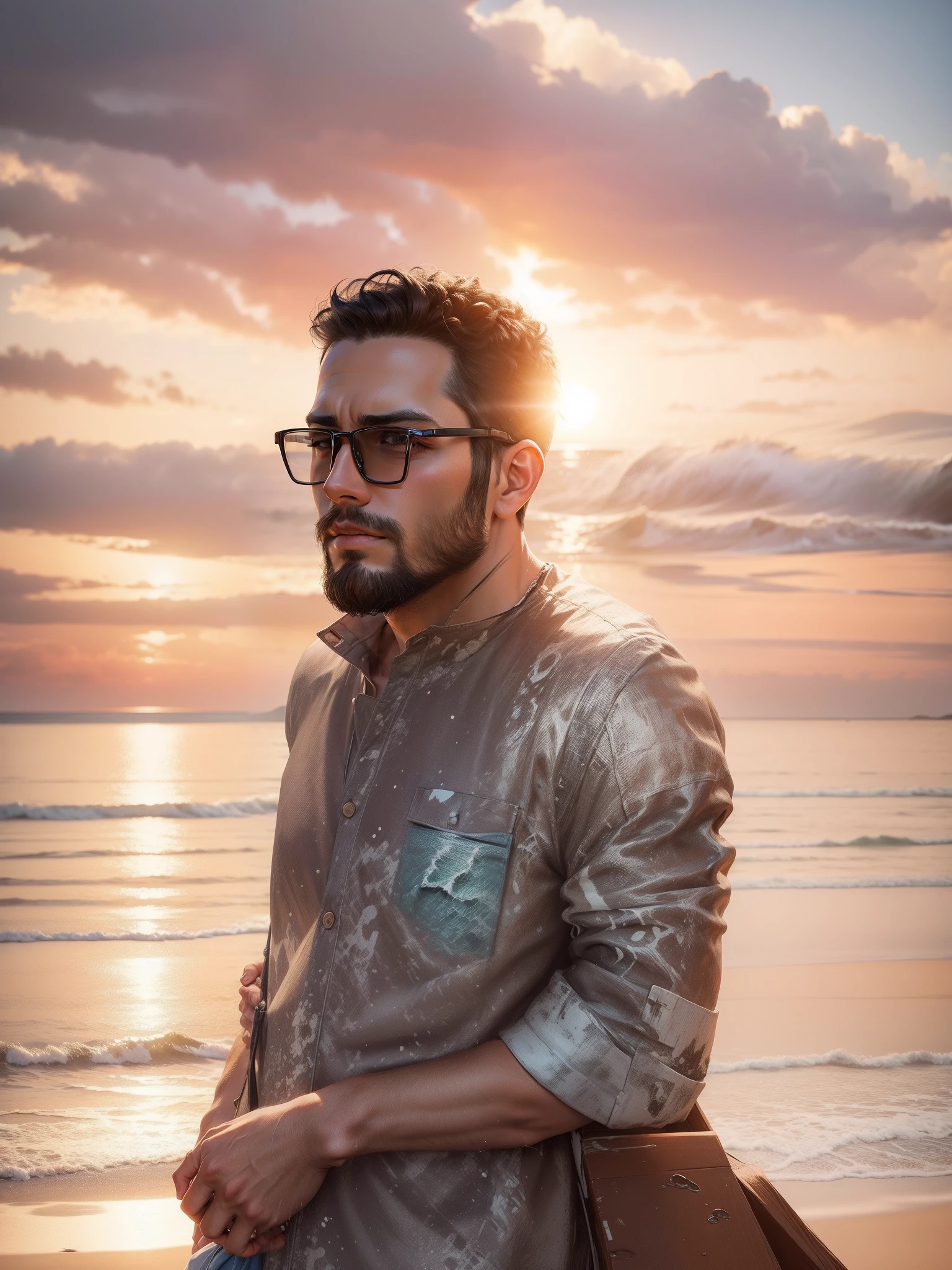 Realistic face, sea beach, handsome