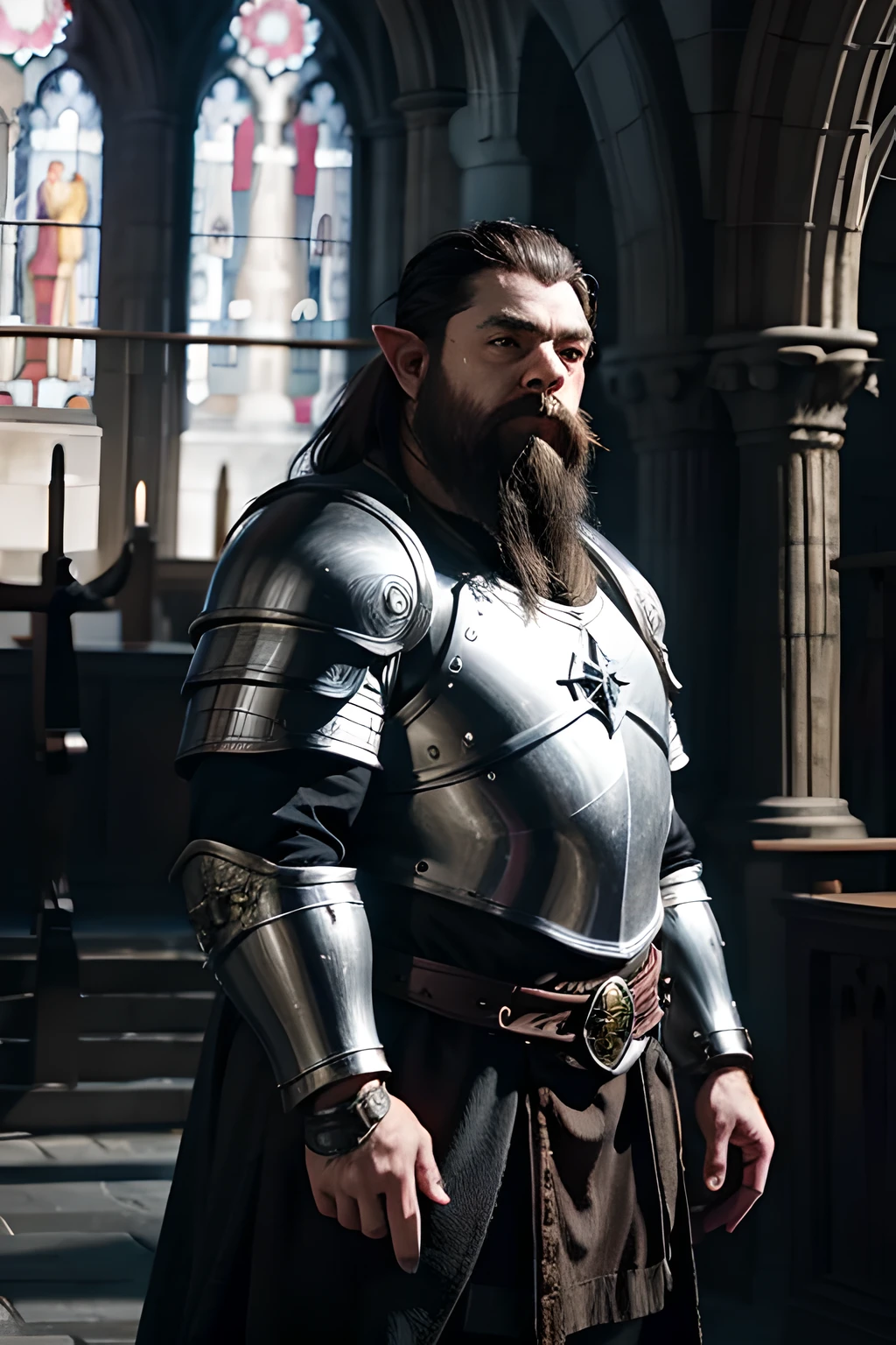 tall dwarf, in armor, in a cathedral, young, human ears