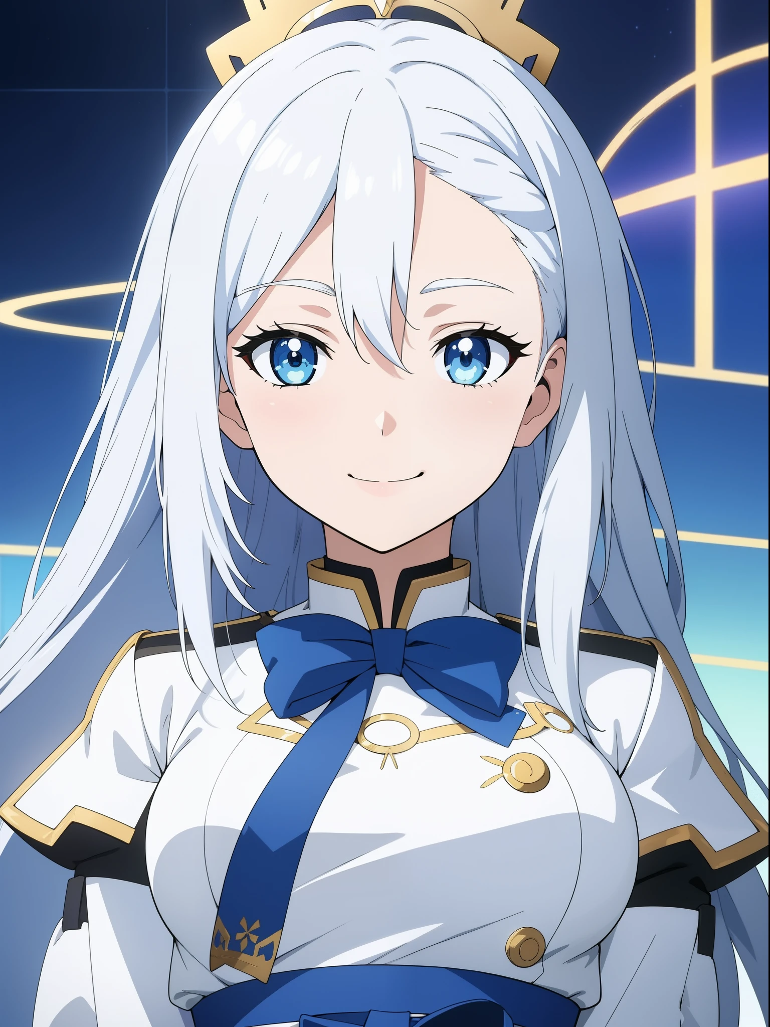 (masterpiece, best quality,) anime screencap, 1girl,
white hair, medium-long hair, blue eyes, blue and white school uniform with gold outline, medium breasts, smiling face, , azure lane style
