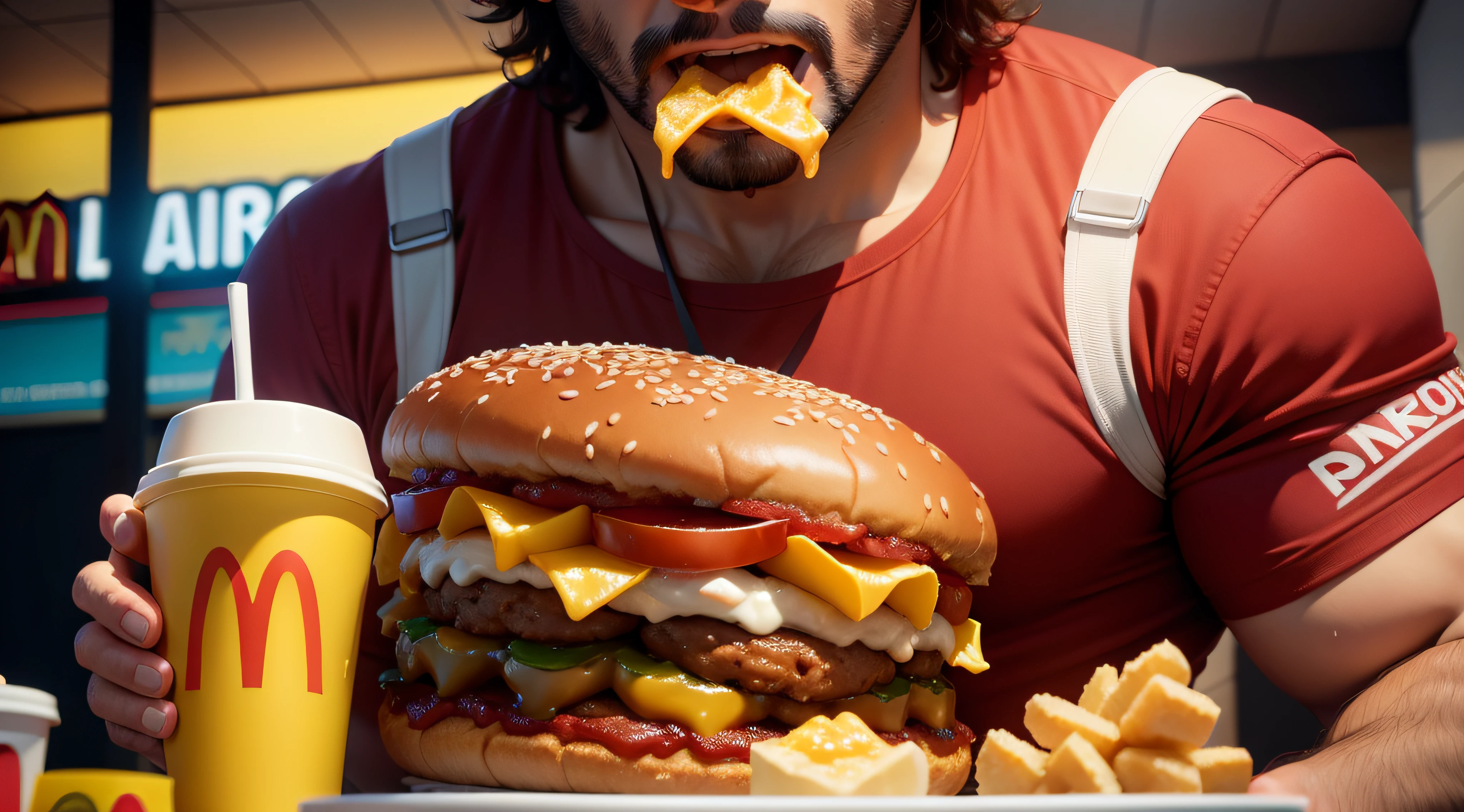 homem gordo comendo um mcdonald's, em uma lanchonete, foto ultra realista, 8k
