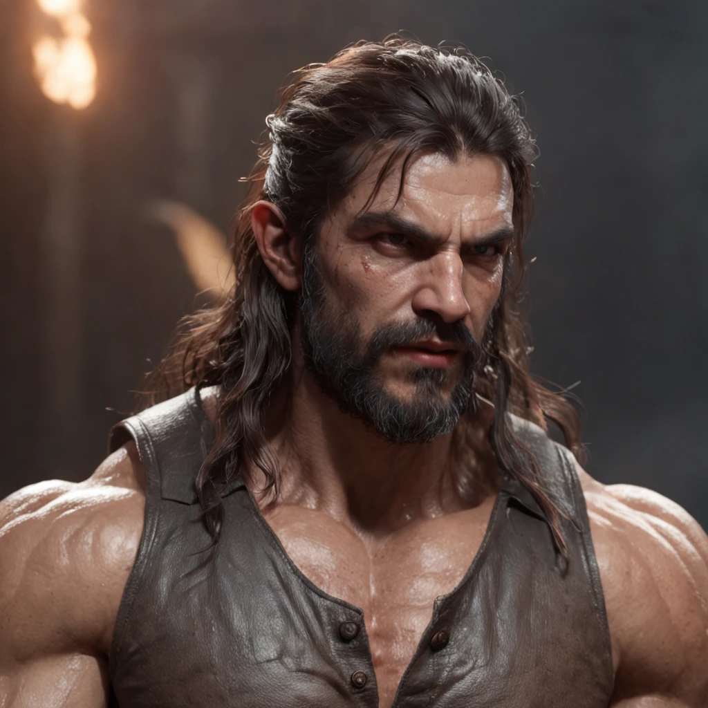 (professional 3d render:1.3) af (Realistic:1.3) most beautiful artwork photo in the world,Features soft and shiny male heroes, ((Epic hero fantasy muscle man rough wet hero angry look long hair short beard and ferocious expression in dynamic pose, Fantastic location, Majestic cluttered environment)), full body 8k unity render, action shot, skin pore, very dark lighting, heavyshading, Detailed, Detailed face, (vibrant, photograph realistic, Realistic, Dramatic, Dark, Sharp focus, 8K), (Old leather garments damaged by weathering:1.4), ((((Wear fur)))), (Intricate:1.4), decadent, (Highly detailed:1.4), Digital painting, rendering by octane, art stations, concept-art, smooth, Sharp focus, illustration, Art germ, (loish:0.23), wlop ilya kuvshinov, and greg rutkowski and alphonse mucha gracias, (Global illumination, Studio light, volumettic light), heavy rain, particles floating, lotr, fantasy, elf, full bodyesbian, ((Dark and ancient city background:1.3)),CGSesociety,art stations