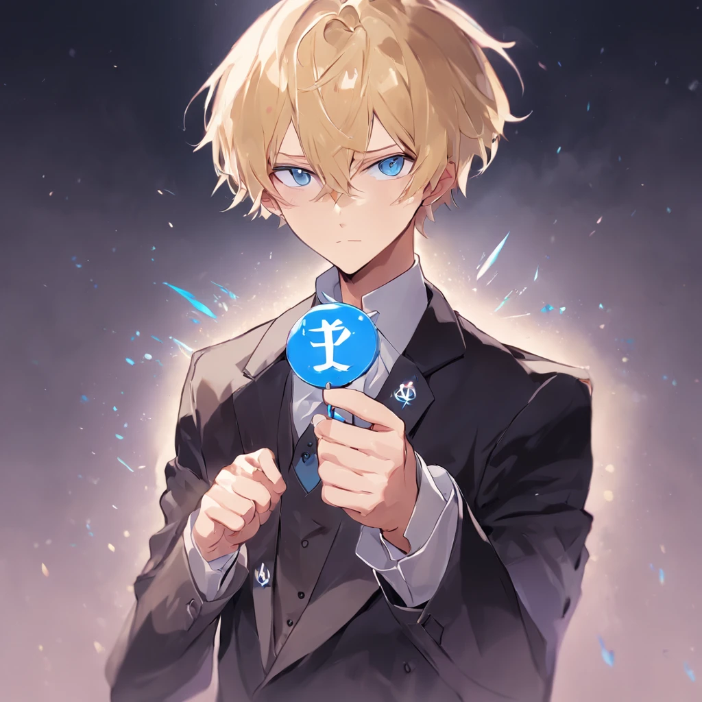 anime guy in a suit holding a small badge with a big letter v on it in his hand, tall anime guy with blue eyes, handsome anime pose, portrait of magical blond prince, beautiful androgynous prince, high quality fanart, key anime art, delicate androgynous prince, anime handsome man, handsome guy in demon slayer art, male anime character, okita sougo, anime boy looking at the badge