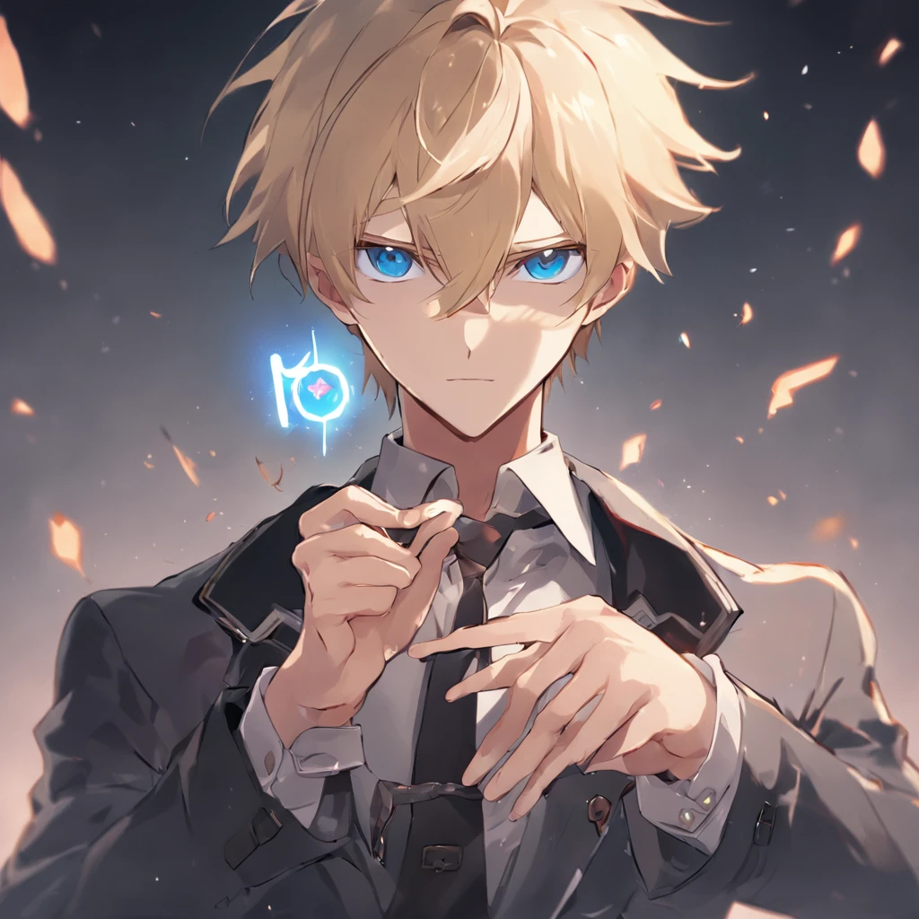 anime guy in a suit holding a small badge with a big letter v on it in his hand, tall anime guy with blue eyes, handsome anime pose, portrait of magical blond prince, beautiful androgynous prince, high quality fanart, key anime art, delicate androgynous prince, anime handsome man, handsome guy in demon slayer art, male anime character, okita sougo, anime boy looking at the badge