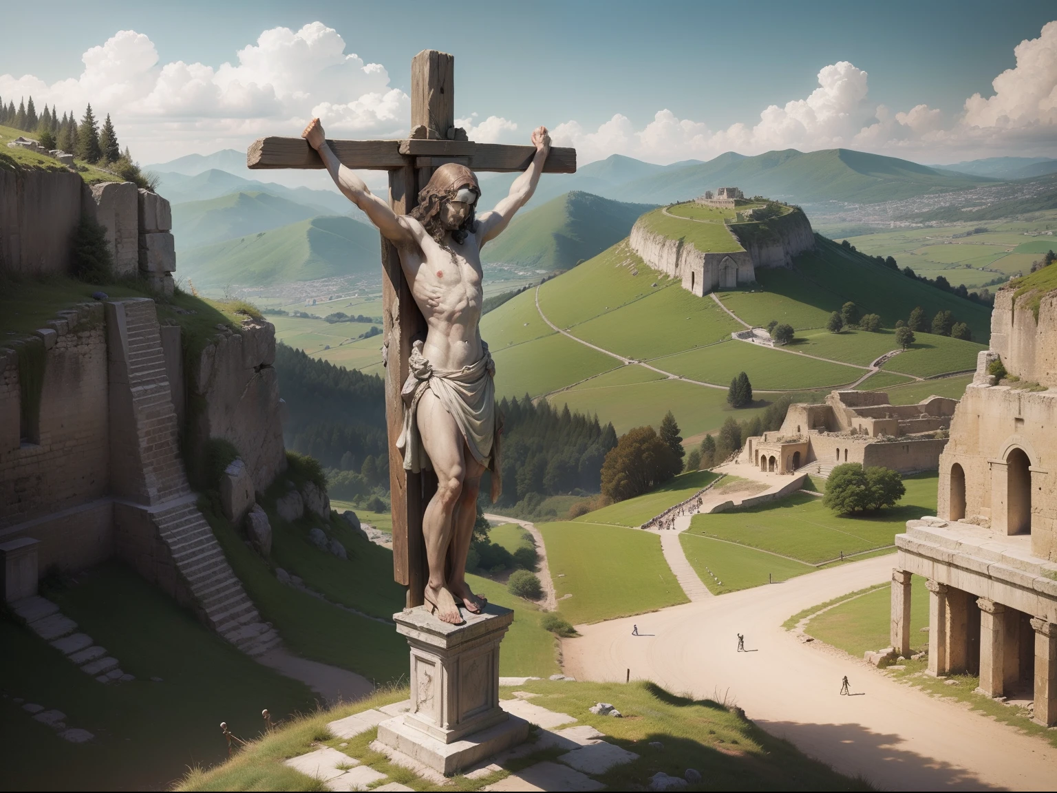 crucifixion in ancient roman times, depiction of the crucifixion in ancient times, green hills in the background, crucifixion without nails, crucifixion with rope, roman crucifixion