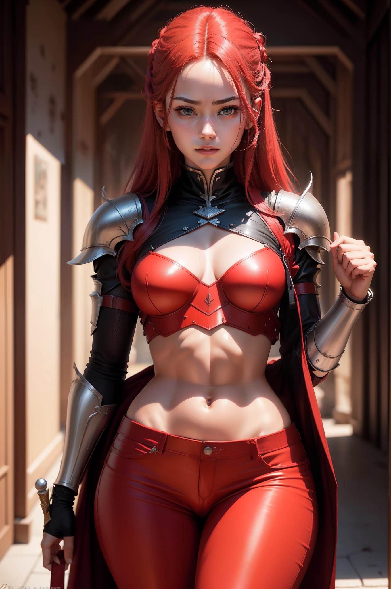 Women's bright red chest armor　8K, 超A high resolution　A hyper-realistic　Ultra-high density　Ultra-high precision