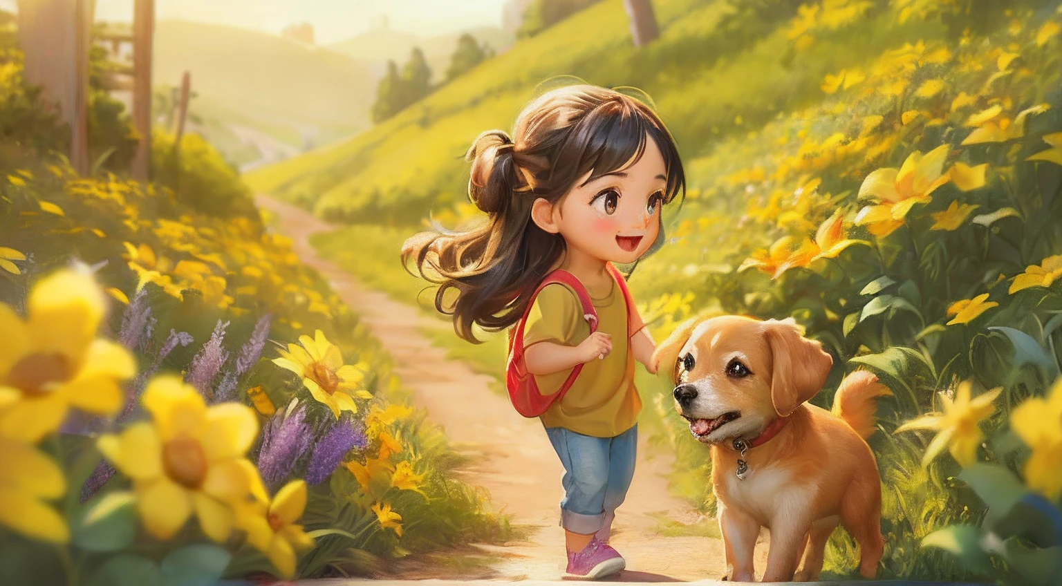 A closeup of an excited  and a dog on a path, painting digital adorable, bela arte digital, arte digital detalhada bonito, arte detalhada bonito, arte fofa, personagem bonito dos desenhos animados, bonito 3 d render, desenho animado bonito, Arte infantil em Artstation, Atey Ghailan 8 K, Belo estilo de arte, bela arte digital, Beautiful digital illustration, arte de pintura digital dos desenhos animados