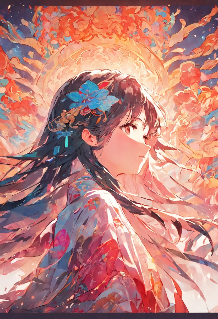(White background:1.4),(Silhouette of a girl's head, Eyes closed, colorfull long hair, Oriental elements),(Chinese illustration:1.3,paper art:1.3, Quilted paper art:1.2),( reasonable design, Clear lines, High sharpness,Best quality, Very detailed, Masterpiece, movie light effect, 4K )