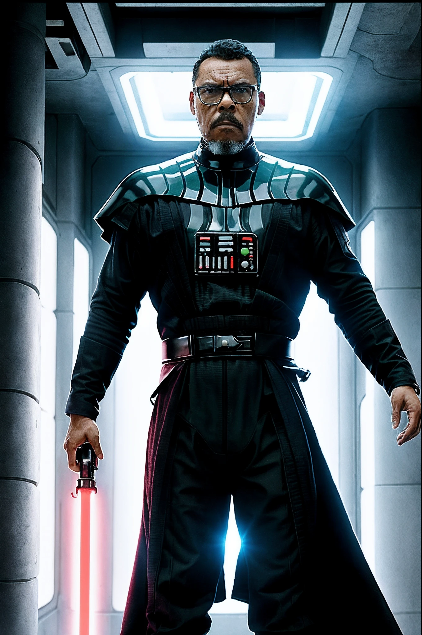 guttonervision14, Crie uma imagem excepcionalmente detalhada e realista de um homem vestido com o traje de Darth Vader, excluindo o capacete, and holding a menacing red lightsaber. The scene takes place inside a high-tech laboratory aboard a spaceship, Amid a scenario of technological warfare. O foco deve ser principalmente no homem, with the background intentionally blurred to emphasize its presence. A cena deve ser extraordinariamente detalhada, employing Octane rendering for realistic textures and lighting. The resolution should be an impressive 8K, ensuring exceptional clarity and precision.