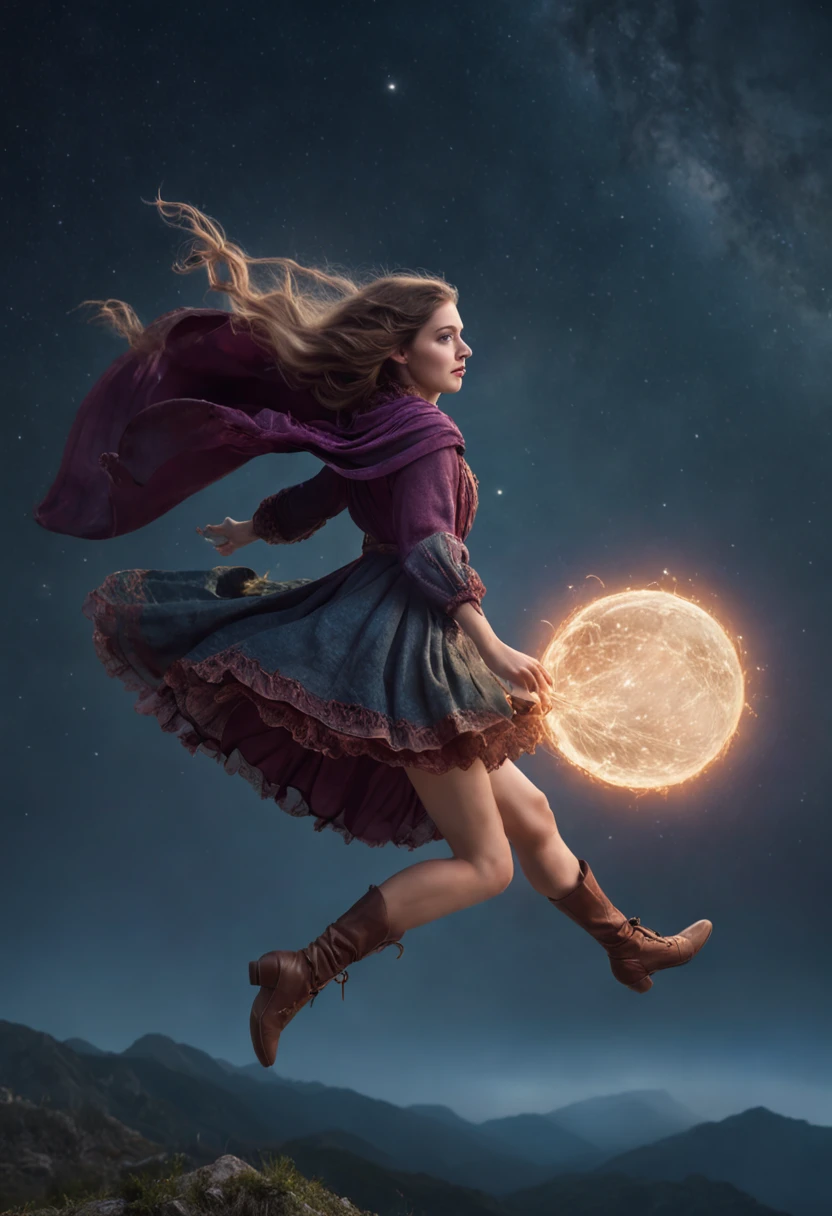 masterpiece, best quality, ultra-detailed, illustration, 1girl, solo, fantasy, flying, broom, night sky, outdoors, magic, spells, moon, stars, clouds, wind, hair, cape, hat, boots, broomstick, glowing, mysterious, enchanting, whimsical, playful, adventurous, freedom, wonder, imagination, determination, skill, speed, movement, energy, realism, naturalistic, figurative, representational, beauty, fantasy culture, mythology, fairy tales, folklore, legends, witches, wizards, magical creatures, fantasy worlds, composition, scale, foreground, middle ground, background, perspective, light, color, texture, detail, beauty, wonder.