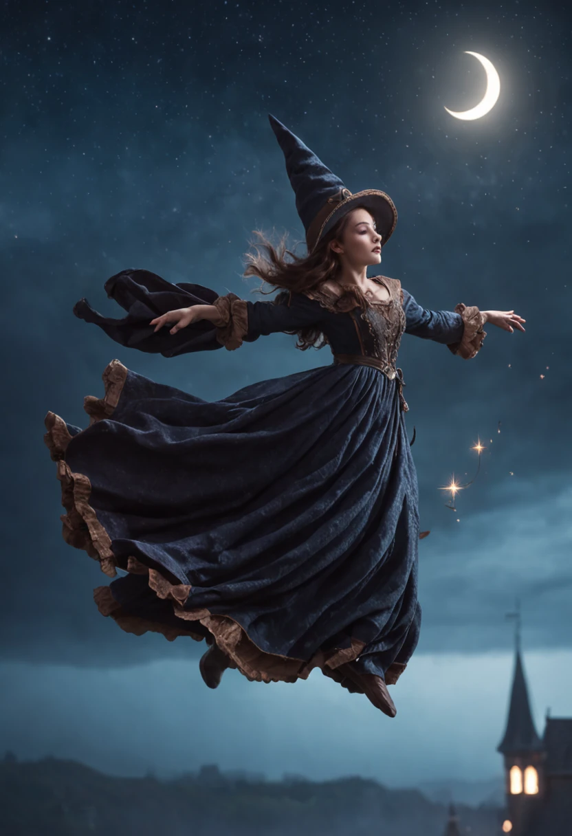 masterpiece, best quality, ultra-detailed, illustration, 1girl, solo, fantasy, flying, broom, night sky, outdoors, magic, spells, moon, stars, clouds, wind, hair, cape, hat, boots, broomstick, glowing, mysterious, enchanting, whimsical, playful, adventurous, freedom, wonder, imagination, determination, skill, speed, movement, energy, realism, naturalistic, figurative, representational, beauty, fantasy culture, mythology, fairy tales, folklore, legends, witches, wizards, magical creatures, fantasy worlds, composition, scale, foreground, middle ground, background, perspective, light, color, texture, detail, beauty, wonder.
