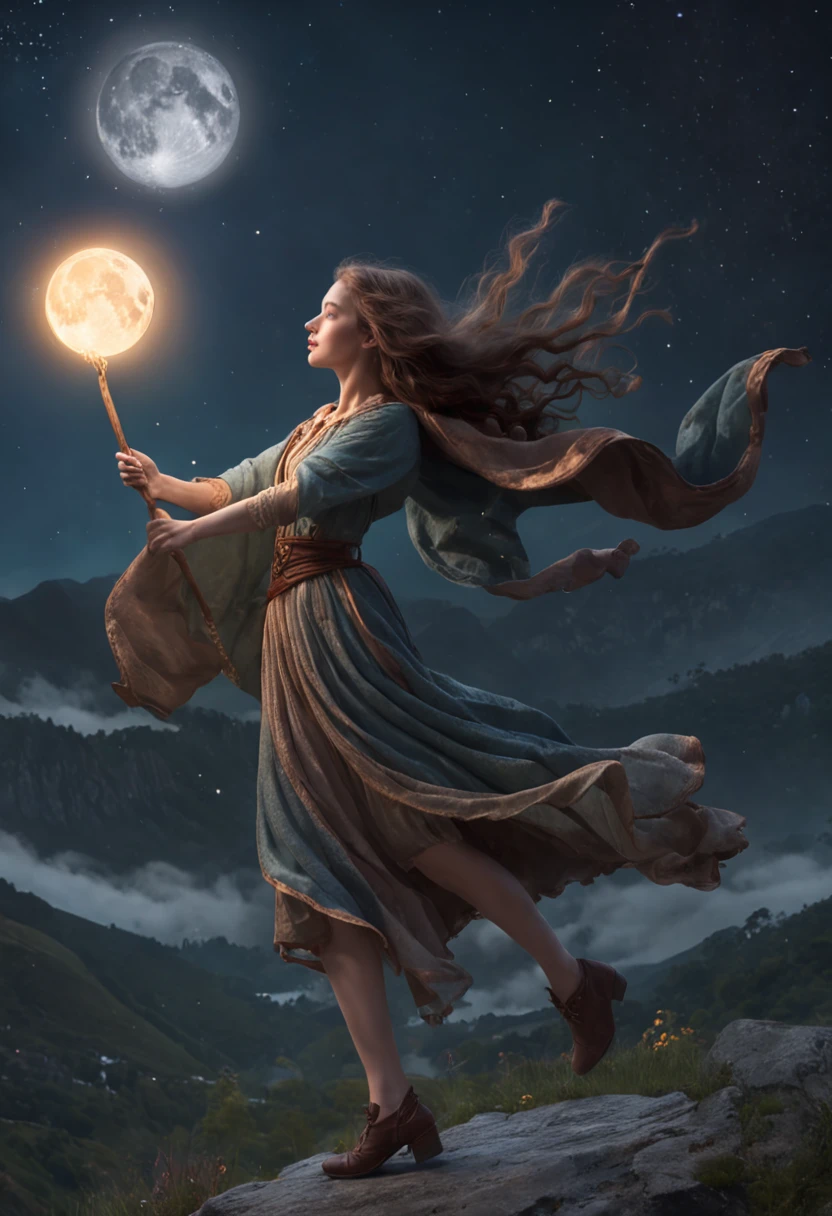 masterpiece, best quality, ultra-detailed, illustration, 1girl, solo, fantasy, flying, broom, night sky, outdoors, magic, spells, moon, stars, clouds, wind, hair, cape, hat, boots, broomstick, glowing, mysterious, enchanting, whimsical, playful, adventurous, freedom, wonder, imagination, determination, skill, speed, movement, energy, realism, naturalistic, figurative, representational, beauty, fantasy culture, mythology, fairy tales, folklore, legends, witches, wizards, magical creatures, fantasy worlds, composition, scale, foreground, middle ground, background, perspective, light, color, texture, detail, beauty, wonder.