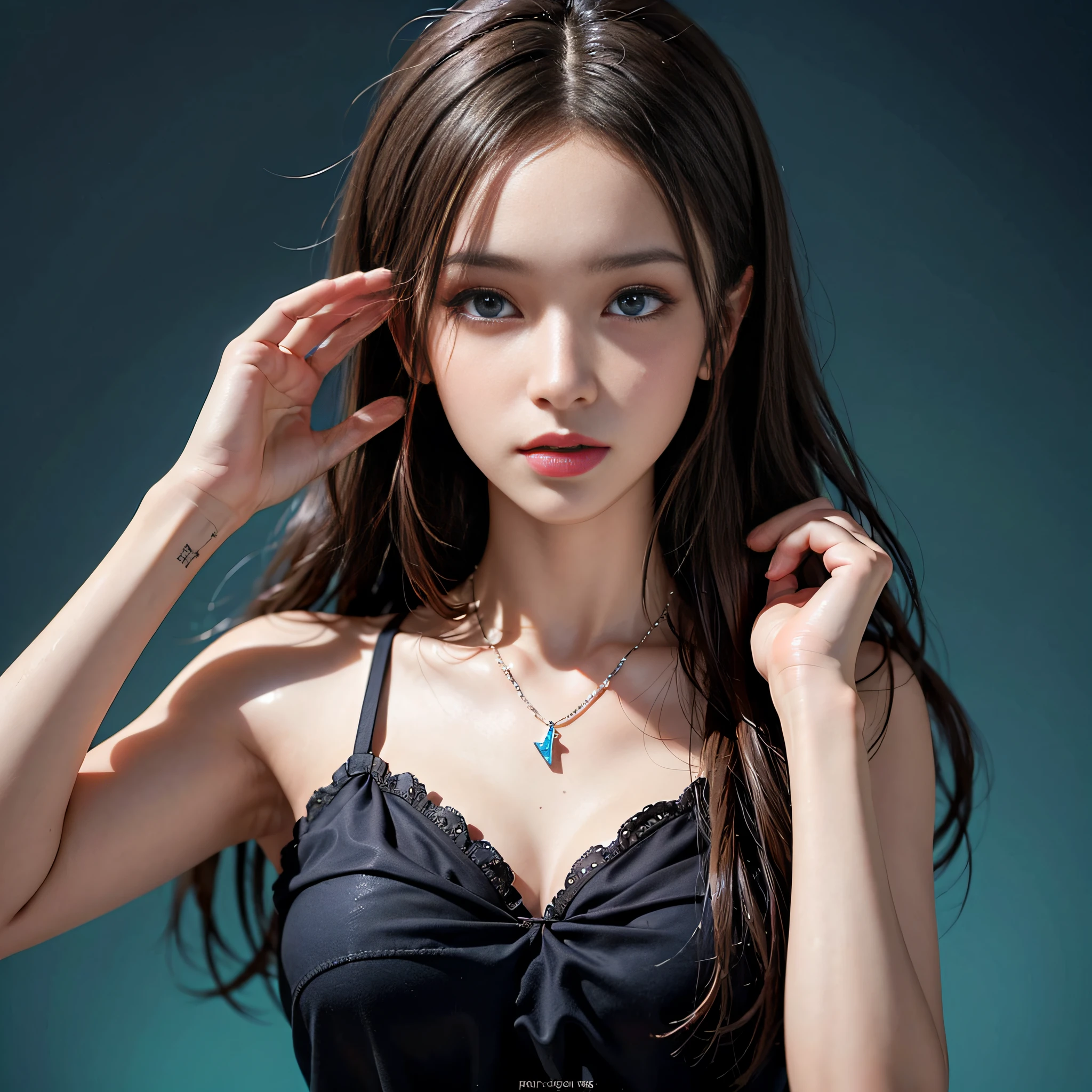 ((masterpiece:1.4)、(top-quality:1.4)、(reallistic:1.7))、Super beautiful girl、((1girl in:1.4))、Shiny natural skin texture、Photorealistic beautiful face、((Extreme beauty portrait photography))、age19、realistic shaded perfect face、Ultra realistic digital paint beautiful girl、(Characters created by Luis Royo:1.4)、Upper body photography、Close-up photos、(Two arms:1.4、Two legs:1.4)、(perfect anatomia:1.4)、Hands are lowered down、perfect hand、Soft front light、beautiful countenance、kawaii faces、Beautiful udder、blue eyess、A detailed eye、Draw eyes clearly and beautifully、beautidful eyes、Narrow waist、Raw photo、Shallow depth of field、red-lips、a choker、a necklace、耳Nipple Ring、1 screen display、细致背景