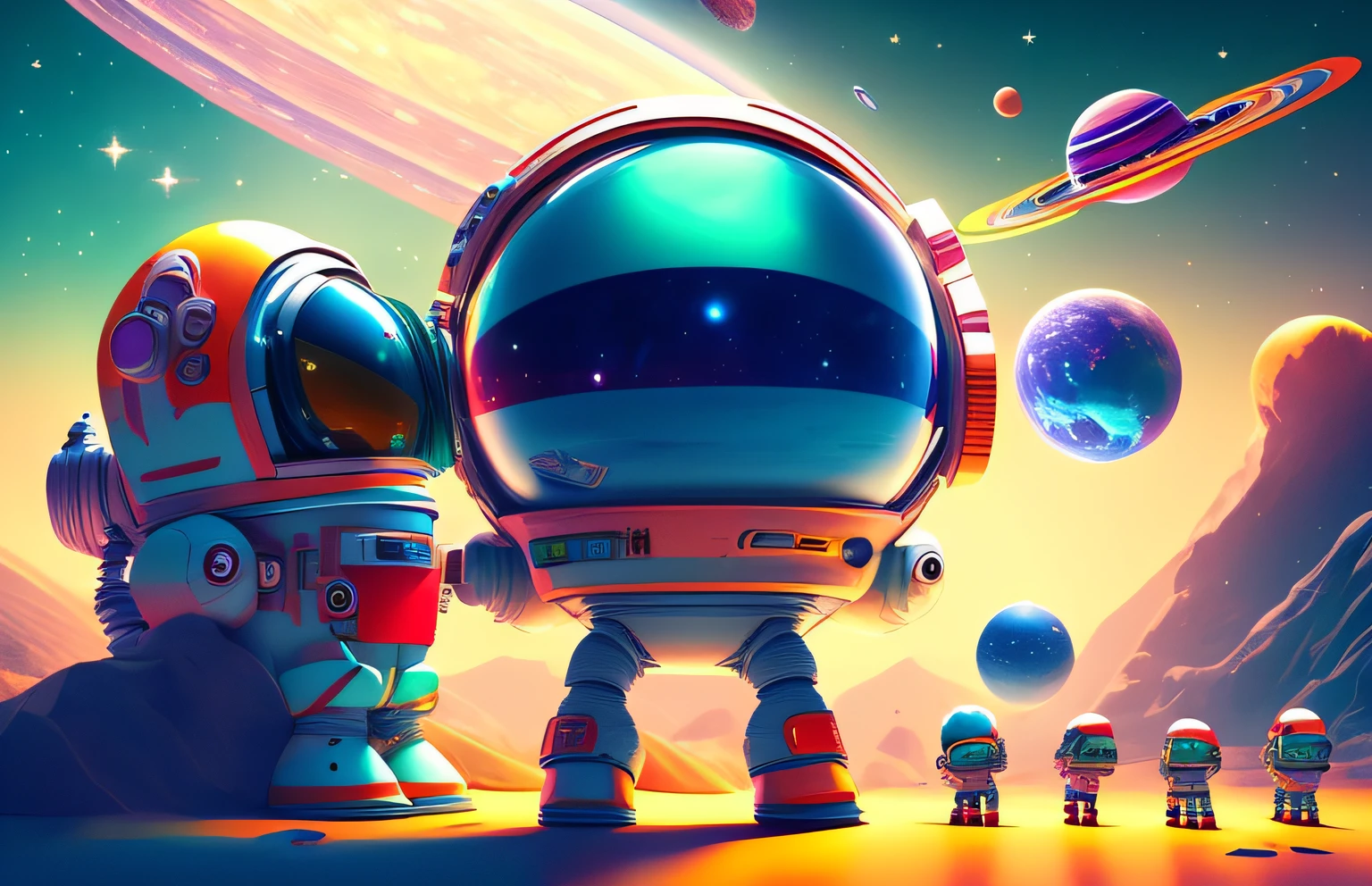 colorful cartoon astronaut in space with planets in background Amazing space creature 4K in space Small astronaut looking up Render cute 3D Cute detailed digital art Cute robot Cute digital art Cute astronaut, painting digital adorable, Beeple e Jeremias Kettner, arte de fundo, Cute and elaborate epic robot,