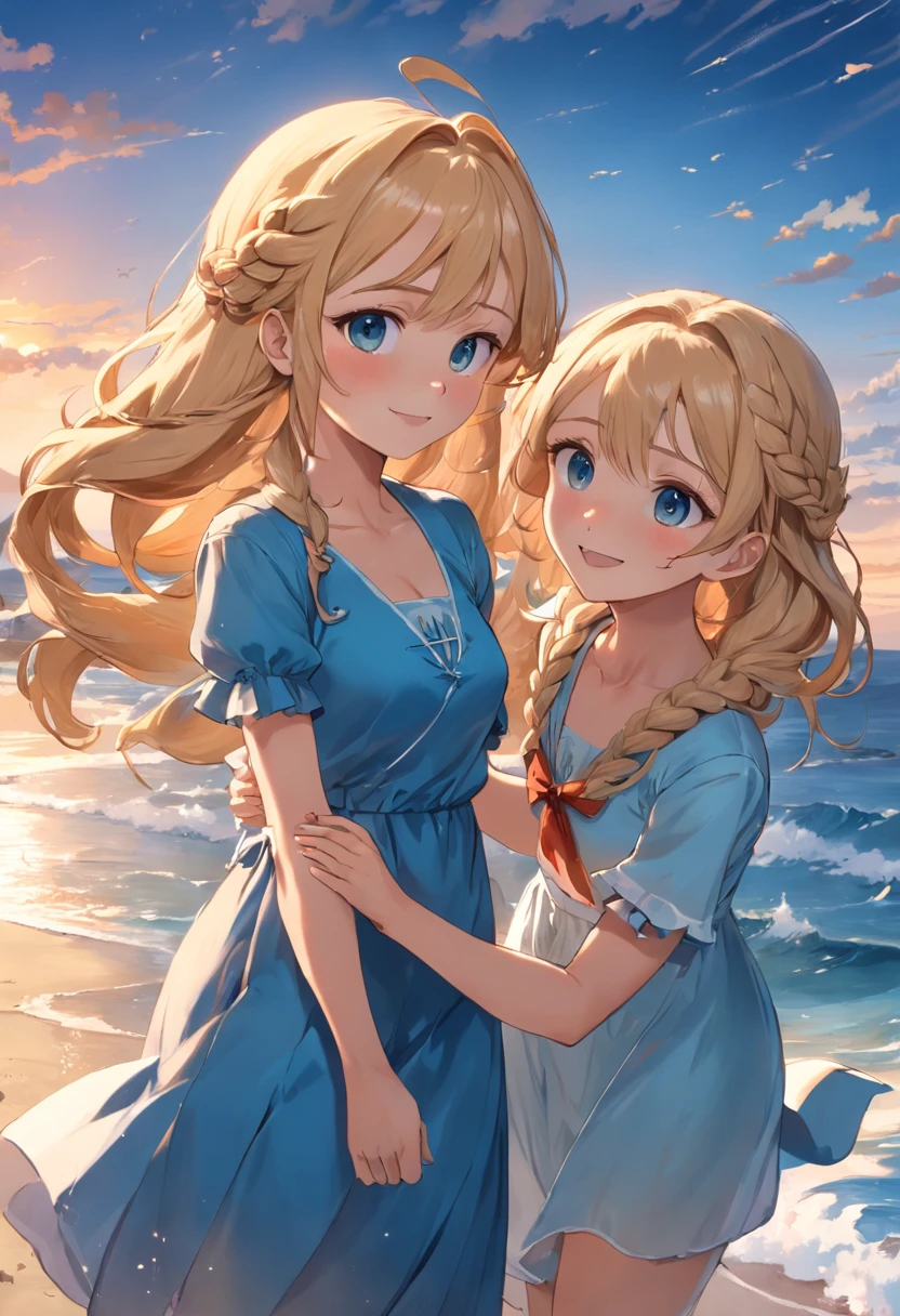 Por favor, Create an image that depicts a magical scene in a small seaside town. Na cena, there are two inseparable friends, Sofia and Marlene;. Sofia is a smart girl with blonde braids and wears a beautiful blue dress that stands out in the sea breeze. She's smiling with an expression of joy as she lovingly holds an old map in her hands. Marlen tem um cabelo azul, wears glasses, She is a determined and curious girl. She's by Sophie's side, olhando atentamente para o mapa. The two girls are standing on the beach, with their feet sunk in the golden sand and the blue sea glowing softly in the background. The sun is setting on the horizon, Painting the sky with shades of orange and pink, creating a calm and magical atmosphere that envelops the entire scenery