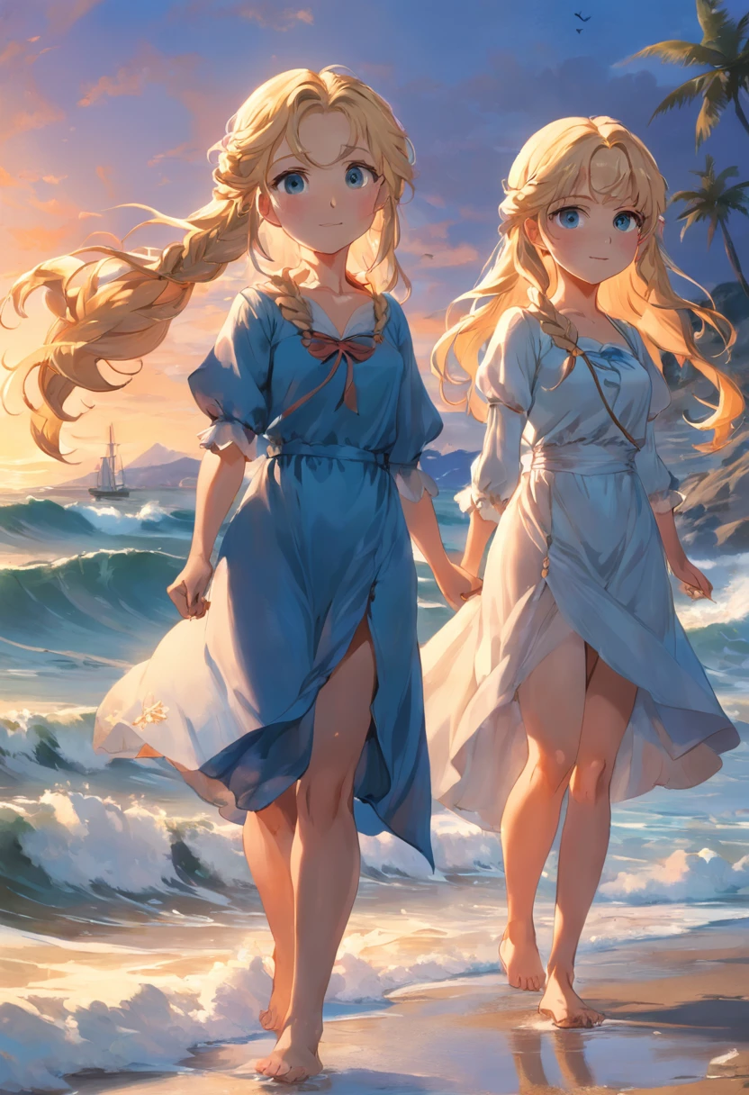 Por favor, Create an image that depicts a magical scene in a small seaside town. Na cena, there are two inseparable friends, Sofia and Marlene;. Sofia is a smart girl with blonde braids and wears a beautiful blue dress that stands out in the sea breeze. She's smiling with an expression of joy as she lovingly holds an old map in her hands. Marlen tem um cabelo azul, wears glasses, She is a determined and curious girl. She's by Sophie's side, olhando atentamente para o mapa. The two girls are standing on the beach, with their feet sunk in the golden sand and the blue sea glowing softly in the background. The sun is setting on the horizon, Painting the sky with shades of orange and pink, creating a calm and magical atmosphere that envelops the entire scenery