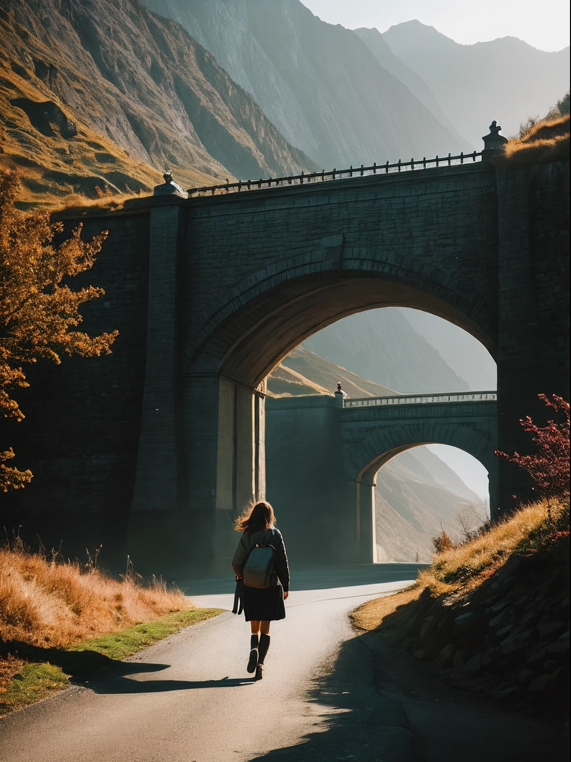 Cute woman walking by a bridge on dark side of mountain, cinematic lighting, realistic