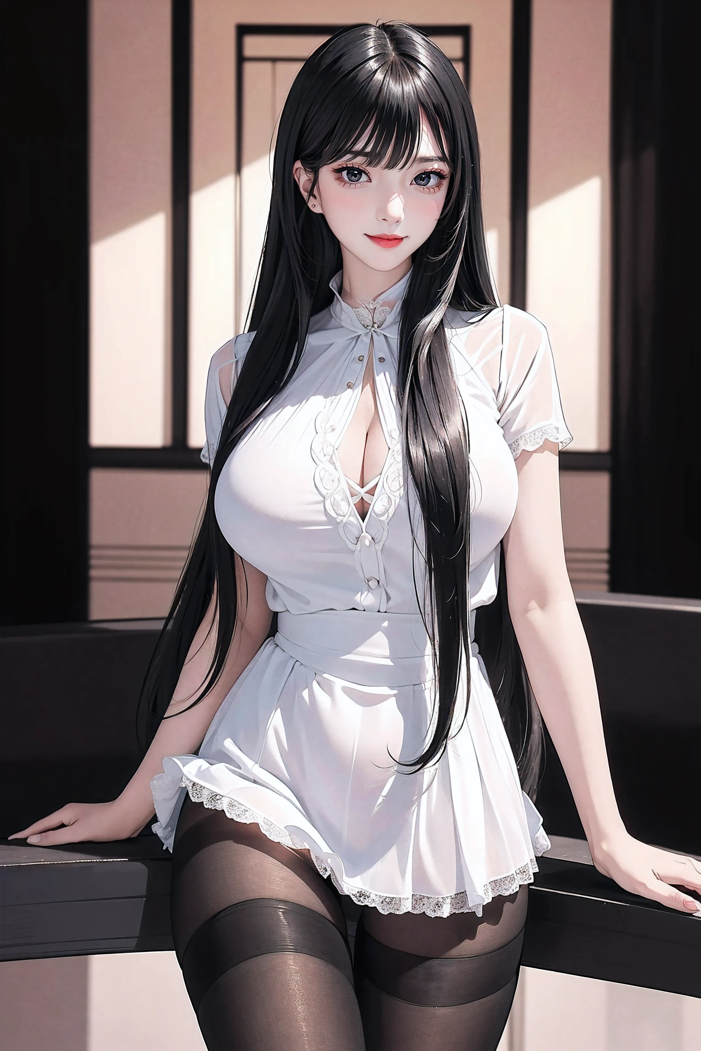 ulzzang -6500-v1.1,(Raw foto:1.2),((Photorealsitic:1.4)),top-quality,​masterpiece, illustratio,{(Extremely delicate and beautiful:2.0):2.0}, extremely details CG ,Unity,{(8K Wallpaper:2.0)}, astonishing、finely detail, Official art,the Extremely Detailed CG Unity 8K Wallpapers,absurderes, incredibly absurdness, huge filesize, ultra-detailliert, hight resolution, a beautiful detailed girl, extremely detailed eye and face, beatiful detailed eyes,Facial light,(((😃))),{(thighs thighs thighs thighs)}, {(Full body))} ((thighband pantyhose, thighs thighs thighs thighs))
,(((Straight bangs:))),(((Very long black hair, Ridiculously long black hair:1.1))),Long black hair like a stream of water, Lustrous black hair all over the back, Black hair shiny like silk thread, Long black hair shining like jewels, black hair with wet feathers, 1girl in, (blush)+, lightsmile, School uniform, Short sleeves, Narrowed eyes, (upward-eyed)1.1, Backlight, Bokeh, (the see-through white shirt), bowtie,(((Long breasts, Huge breasts, Super breasts))), plaid skirts, White panties, ,a beauty girl, blush, Seductive smile,Insane details and very detailed, Huge lower eyelid. masutepiece, of the highest quality, Ultra high definition, max resolution, Very detailed, Clean skin,Let your hair hang down in front of your head