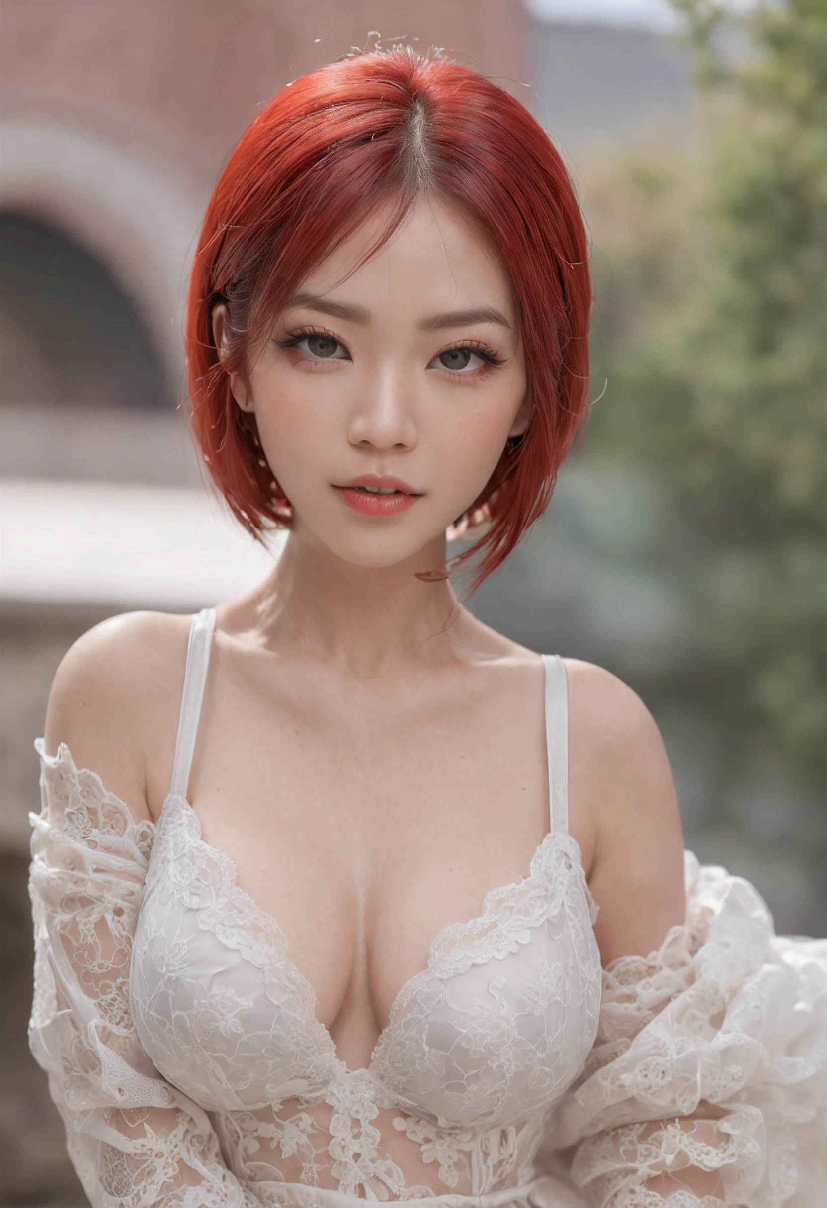 Red hair color, short hair style, red eyeliner, blue eye color, nose piercing, light red lace underwear, red color lace embroidered and detailed garter, thick sexy leg, big breast, sexy face, 8k detail, ultra high definition, 8k, hyper realistic, makeup perfect, ultra detailed scenery, beautiful asian girl, asian, gothic style, black lipstick, full body, MILF, Milf, 40 years old