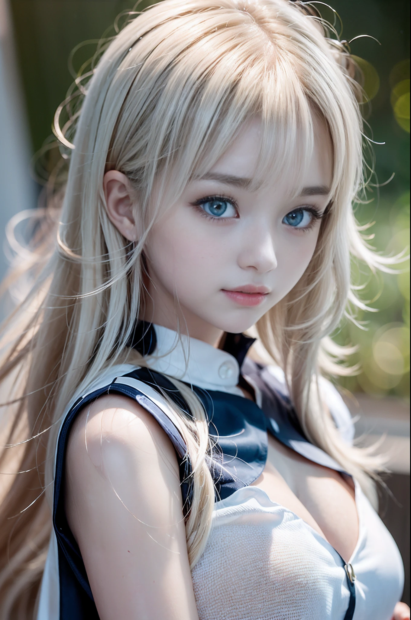 bright expression、Young shiny shiny white shiny skin、Best Looks、Blonde reflected light、Platinum blonde hair with dazzling highlights、shiny light hair,、Super long silky straight hair、Beautiful bangs that shine、Glowing crystal clear attractive big blue eyes、Very beautiful nice cute 16 year old girl、Lush bust,Beautiful detailed eyes, beautiful detailed nose,(( Full body:1.5)),Makeup that the eyes emphasize、,(Women like Joan of Arc)、 ornate detail, nature backdrop, Hyper-realistic, ((Cinematic)), ((White Shirt Dress:1.4))、(Loose and fluffy perm:1.4)、1 girl in、((Bob Hair:1.3))、Picture-perfect face,clean, Perfect face, Beautiful face, Beautiful eyes, ((Perfect female body)), Solo,(Immersive atmosphere,Luminous lighting),(blush:0.5),fascinated expression,Large breasts,beautifullydetailedbackground,depth of fields,Realistic:1.3, Full body,(Cinematic composition:1.3),((dynamicposes))、(Fascinate boldly:1.5)、(no-bra、teats)、fluffy hair、、((Silk Material:1.5))、Ultra-exposed cleavage、Full body