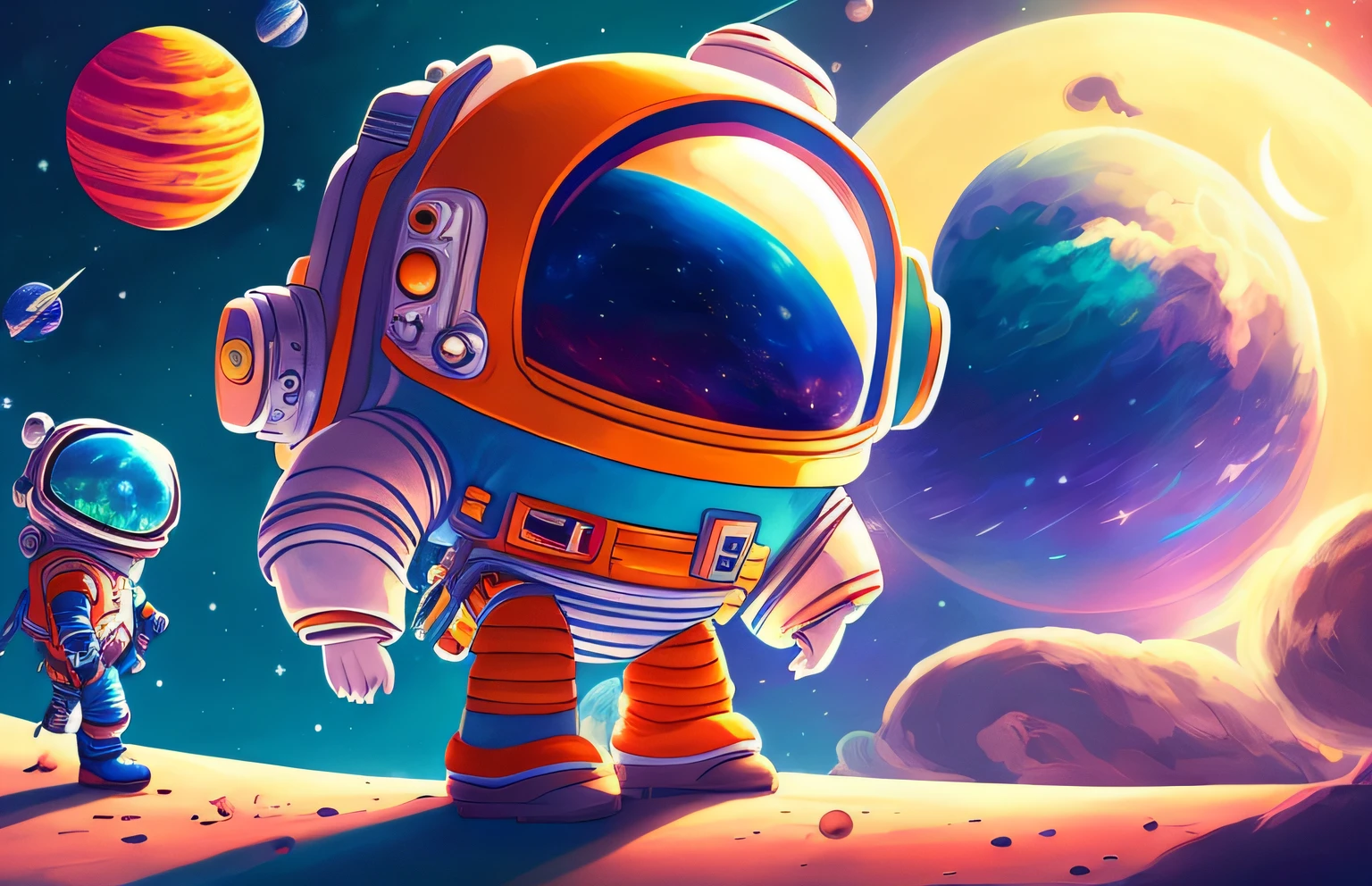 A couple of astronauts are on a planet with planets in the background, amazing space creature 4 k, astronautaa futurista, lone astronaut, spaceman standing looking, pequeno astronautaa olhando para cima, Caminhada de astronautaas, astronauta, Astronaut in Space, astronautaa detalhado, Jen Bartel, standing in outer space, traje espacial, Space travel, astronautaa standing looking, traje espacial, arte bonito do adesivo do astronautaa