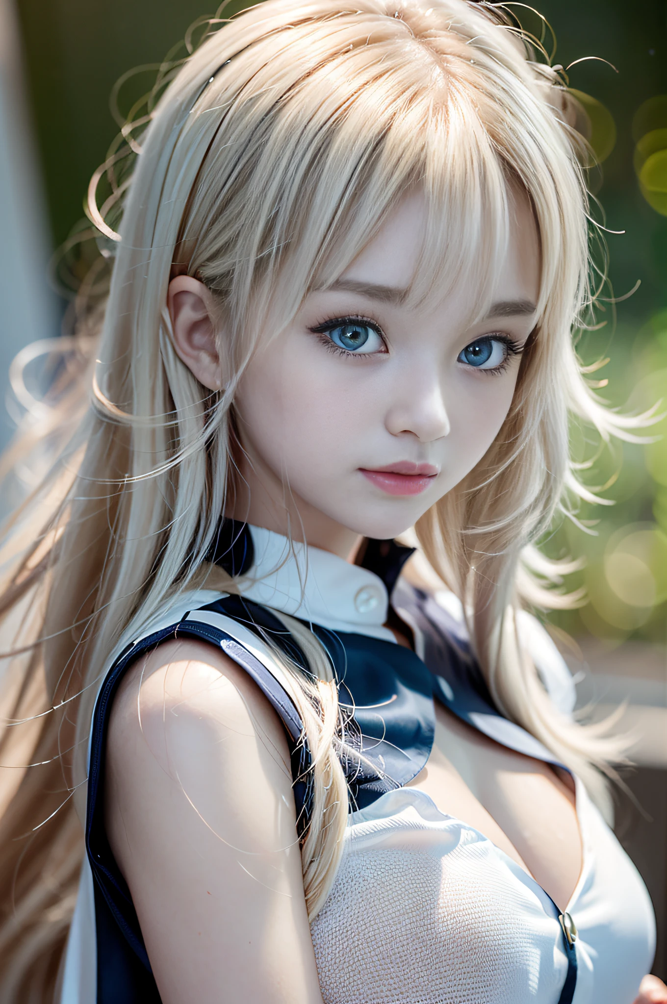 bright expression、Young shiny shiny white shiny skin、Best Looks、Blonde reflected light、Platinum blonde hair with dazzling highlights、shiny light hair,、Super long silky straight hair、Beautiful bangs that shine、Glowing crystal clear attractive big blue eyes、Very beautiful nice cute 16 year old girl、Lush bust,Beautiful detailed eyes, beautiful detailed nose,(( Full body:1.5)),Makeup that the eyes emphasize、,(Women like Joan of Arc)、 ornate detail, nature backdrop, Hyper-realistic, ((Cinematic)), ((White Shirt Dress:1.4))、(Loose and fluffy perm:1.4)、1 girl in、((Bob Hair:1.3))、Picture-perfect face,clean, Perfect face, Beautiful face, Beautiful eyes, ((Perfect female body)), Solo,(Immersive atmosphere,Luminous lighting),(blush:0.5),fascinated expression,Large breasts,beautifullydetailedbackground,depth of fields,Realistic:1.3, Full body,(Cinematic composition:1.3),((dynamicposes))、(Fascinate boldly:1.5)、(no-bra、teats)、fluffy hair、、((Silk Material:1.5))、Ultra-exposed cleavage、Full body