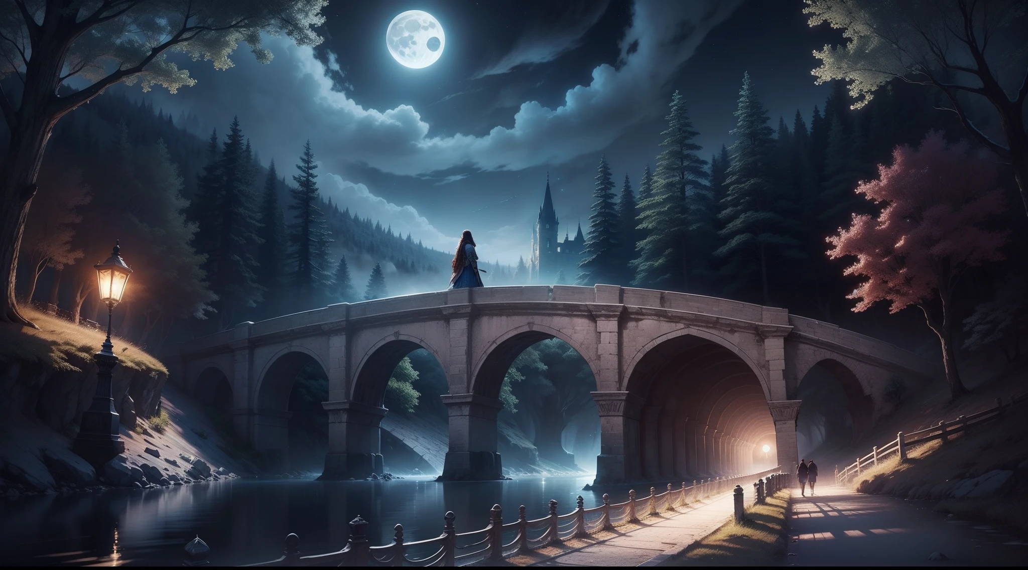 "An enchanting scene beneath the moonlight on a beautiful bridge."