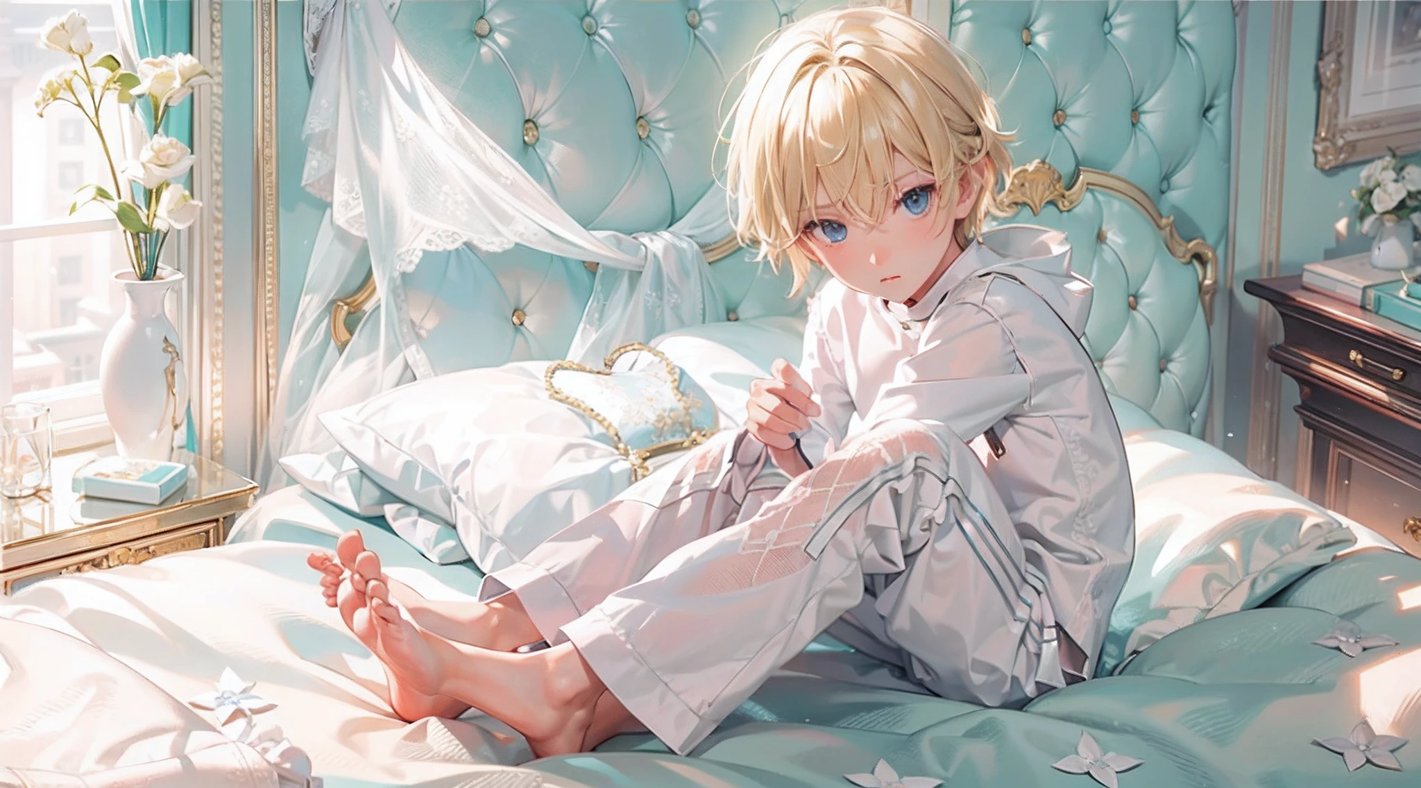 (tmasterpiece,Best picture quality)(Attention to detail,Displays the master level)A thin blonde boy sits cross-legged on the bed(独奏),Barefoot(exquisite detailing),short white pants,Cute doll next to it,The walls of the room are white。(Exquisitehands)
