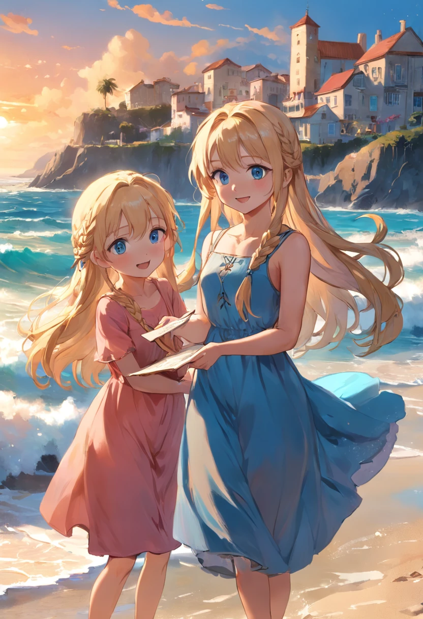 Por favor, Create an image that depicts a magical scene in a small seaside town. Na cena, 02 years ago (duas) inseparable friends Sofia and Marlene. Girl 01 is a smart girl with blonde braids and wears a beautiful blue dress that stands out in the sea breeze. She's smiling with an expression of joy as she lovingly holds an old map in her hands. A garota 02, tem um cabelo azul, wears glasses, e um vestido vermelho, She is a determined and curious girl. She's by Sophie's side, olhando atentamente para o mapa. The two girls are standing on the beach, with their feet sunk in the golden sand and the blue sea glowing softly in the background. The sun is setting on the horizon, Painting the sky with shades of orange and pink, creating a calm and magical atmosphere that envelops the entire scenery