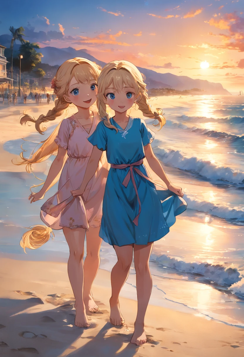 Por favor, Create an image that depicts a magical scene in a small seaside town. Na cena, 02 years ago (duas) inseparable friends Sofia and Marlene. Girl 01 is a smart girl with blonde braids and wears a beautiful blue dress that stands out in the sea breeze. She's smiling with an expression of joy as she lovingly holds an old map in her hands. A garota 02, tem um cabelo azul, wears glasses, e um vestido vermelho, She is a determined and curious girl. She's by Sophie's side, olhando atentamente para o mapa. The two girls are standing on the beach, with their feet sunk in the golden sand and the blue sea glowing softly in the background. The sun is setting on the horizon, Painting the sky with shades of orange and pink, creating a calm and magical atmosphere that envelops the entire scenery