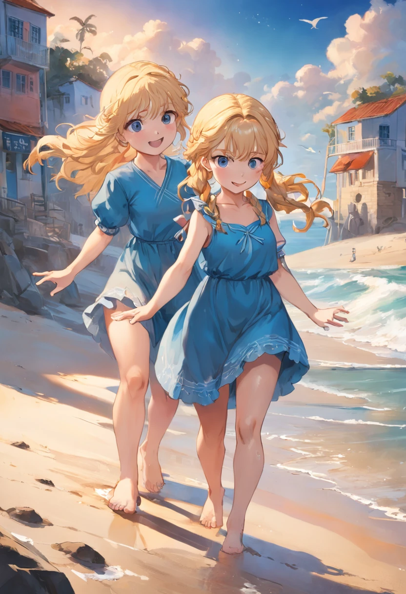 Por favor, Create an image that depicts a magical scene in a small seaside town. Na cena, 02 years ago (duas) inseparable friends Sofia and Marlene. Girl 01 is a smart girl with blonde braids and wears a beautiful blue dress that stands out in the sea breeze. She's smiling with an expression of joy as she lovingly holds an old map in her hands. A garota 02, tem um cabelo azul, wears glasses, e um vestido vermelho, She is a determined and curious girl. She's by Sophie's side, olhando atentamente para o mapa. The two girls are standing on the beach, with their feet sunk in the golden sand and the blue sea glowing softly in the background. The sun is setting on the horizon, Painting the sky with shades of orange and pink, creating a calm and magical atmosphere that envelops the entire scenery