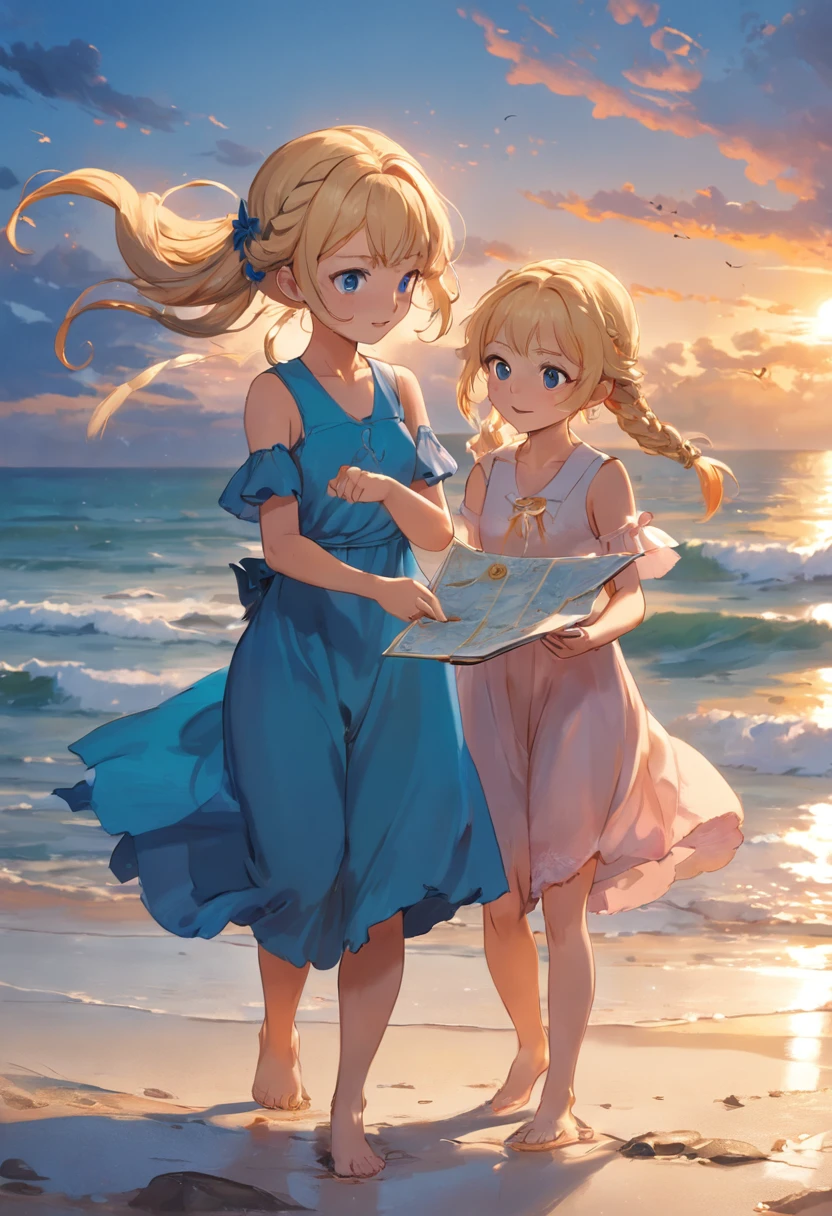 Por favor, Create an image that depicts a magical scene in a small seaside town. Na cena, 02 years ago (duas) inseparable friends Sofia and Marlene. Girl 01 is a smart girl with blonde braids and wears a beautiful blue dress that stands out in the sea breeze. She's smiling with an expression of joy as she lovingly holds an old map in her hands. A garota 02, tem um cabelo azul, wears glasses, e um vestido vermelho, She is a determined and curious girl. She's by Sophie's side, olhando atentamente para o mapa. The two girls are standing on the beach, with their feet sunk in the golden sand and the blue sea glowing softly in the background. The sun is setting on the horizon, Painting the sky with shades of orange and pink, creating a calm and magical atmosphere that envelops the entire scenery